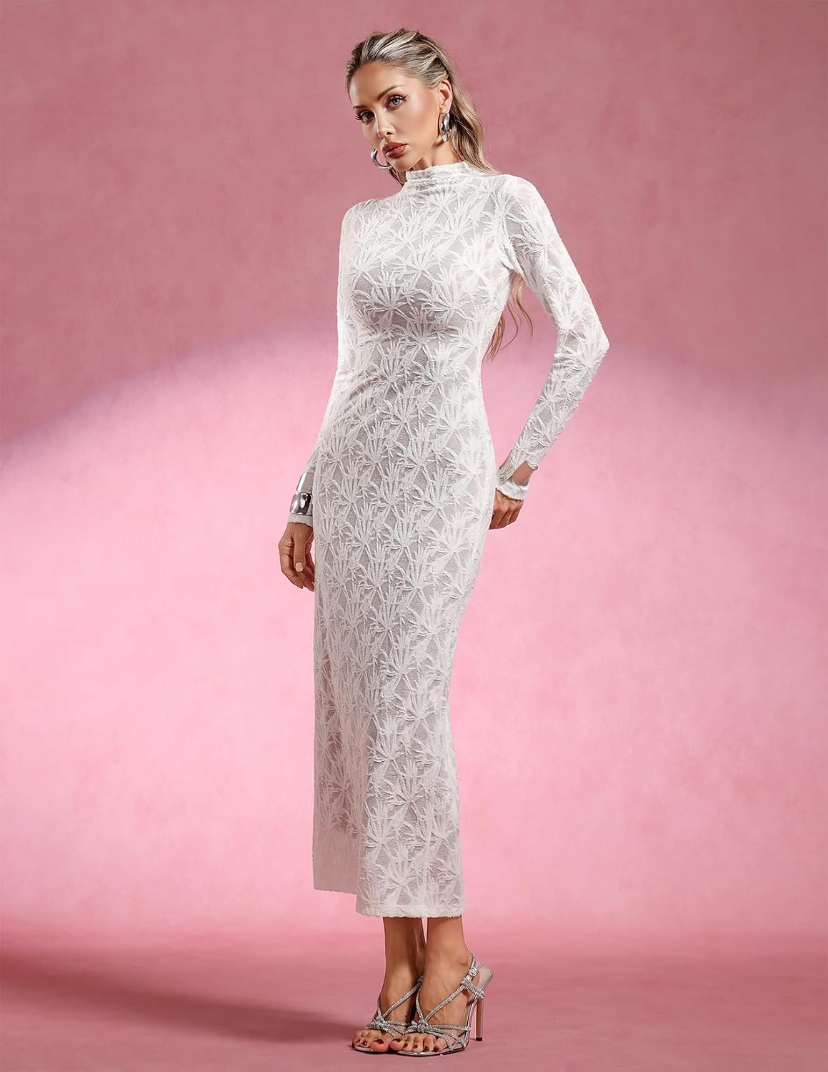 White Maxi Long Sleeve Mock Neck Bodycon Knit Date Night Dress Elegant Stretch Lace Embroidered Dress for Women Evening