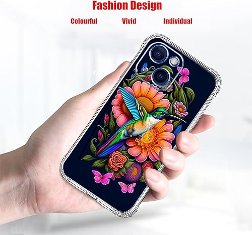 Miniatura 3 de Funda para iPhone 15 Plus, diseño de colibrí, mariposas y flores, a prueba de golpes, funda protectora de cuerpo completo de TPU resistente a los