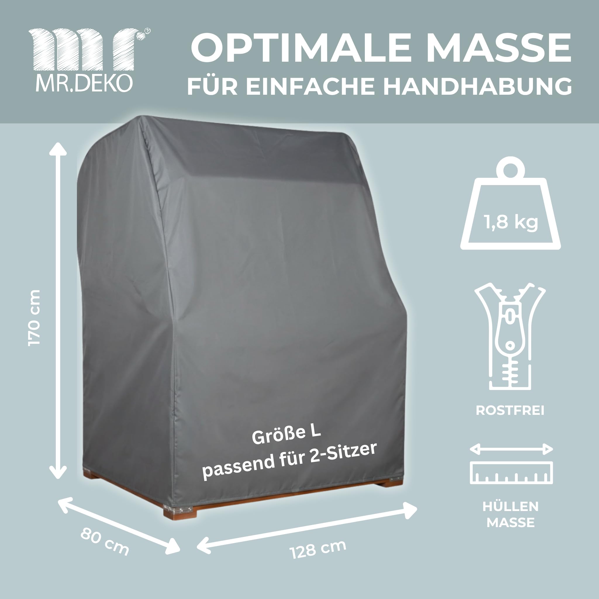 MR. DEKO® Schutzhülle Strandkorb Abdeckhaube Aero Protect dunkelgrau | Size L Größe 128 x 85 x 170 cm (BxTxH) | Strandkorbabdeckung für 2-Sitzer Strandkörbe atmungsaktiv & winterfest | Segeltuch Plane