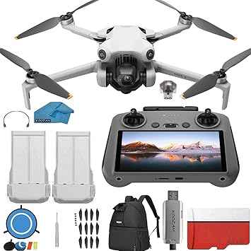DJI Mini 4 Pro Drone with RC 2 Controller With Screen Folding Drone with 4K Video, Under 249g, Vision Sensing 2 Batteries Bundle with 128GB Memory Card, + Pilot Kit