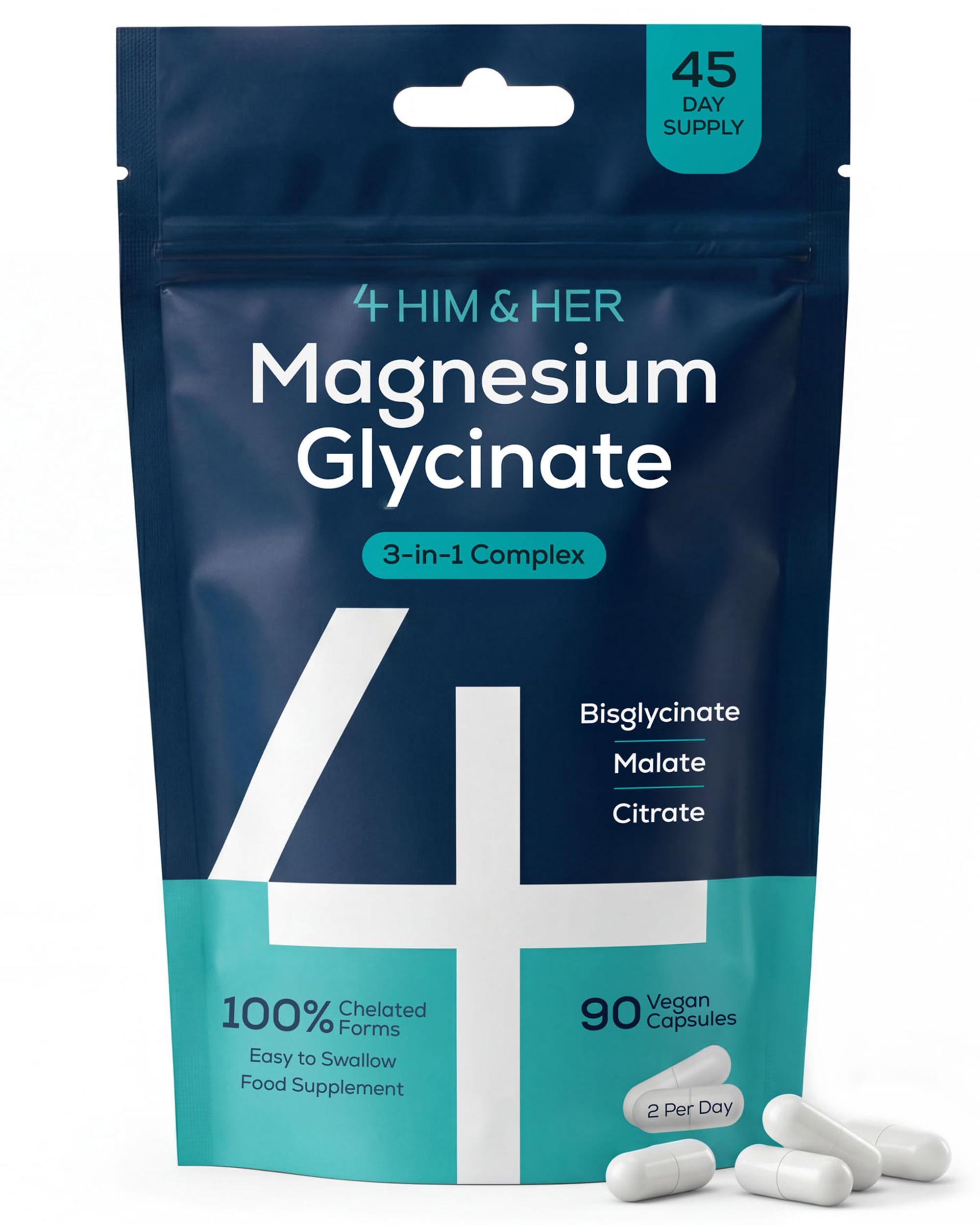 Magnesium Glycinate 3-in-1 Easy-to-Swallow Capsules for Tiredness and Muscles – 1279 mg Bisglycinate, Citrate, Malate Complex w/ B6 – Vegan, High-Strength Supplements – 90 Caps – UK Made – 4 HIM & HER