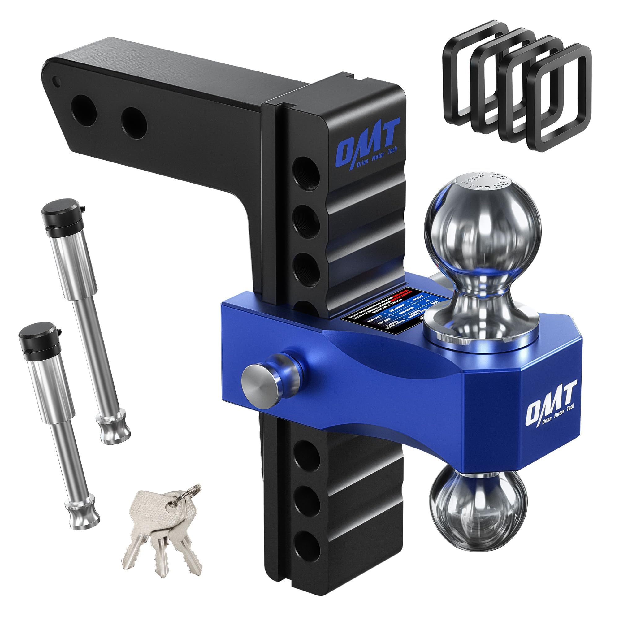 Adjustable Trailer Hitch, Fits 2 in Receiver 8 in Drop & Rise Hitch, 12500 LBS GTW, Class 3, 4 Hitch, Heavy Duty Aluminum Drop Hitch for Truck with Three Anti-Theft Locking Hitch Pins