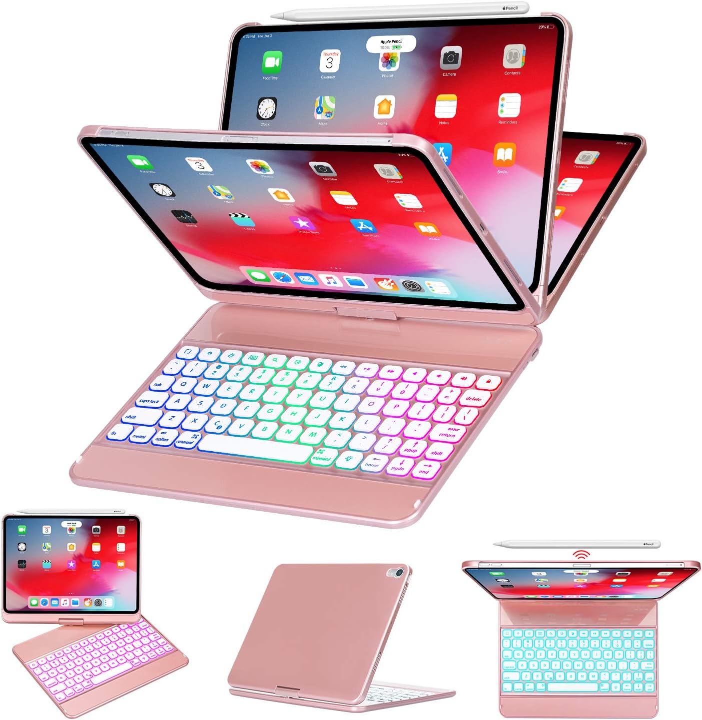 iPad Pro 11 Case with Keyboard 2018-360 Rotatable - Wireless/BT - Backlit 17 Color - Auto Sleep Wake - Thin & Light - iPad Case with Keyboard【Support Apple Pencil 2nd Gen Charging】