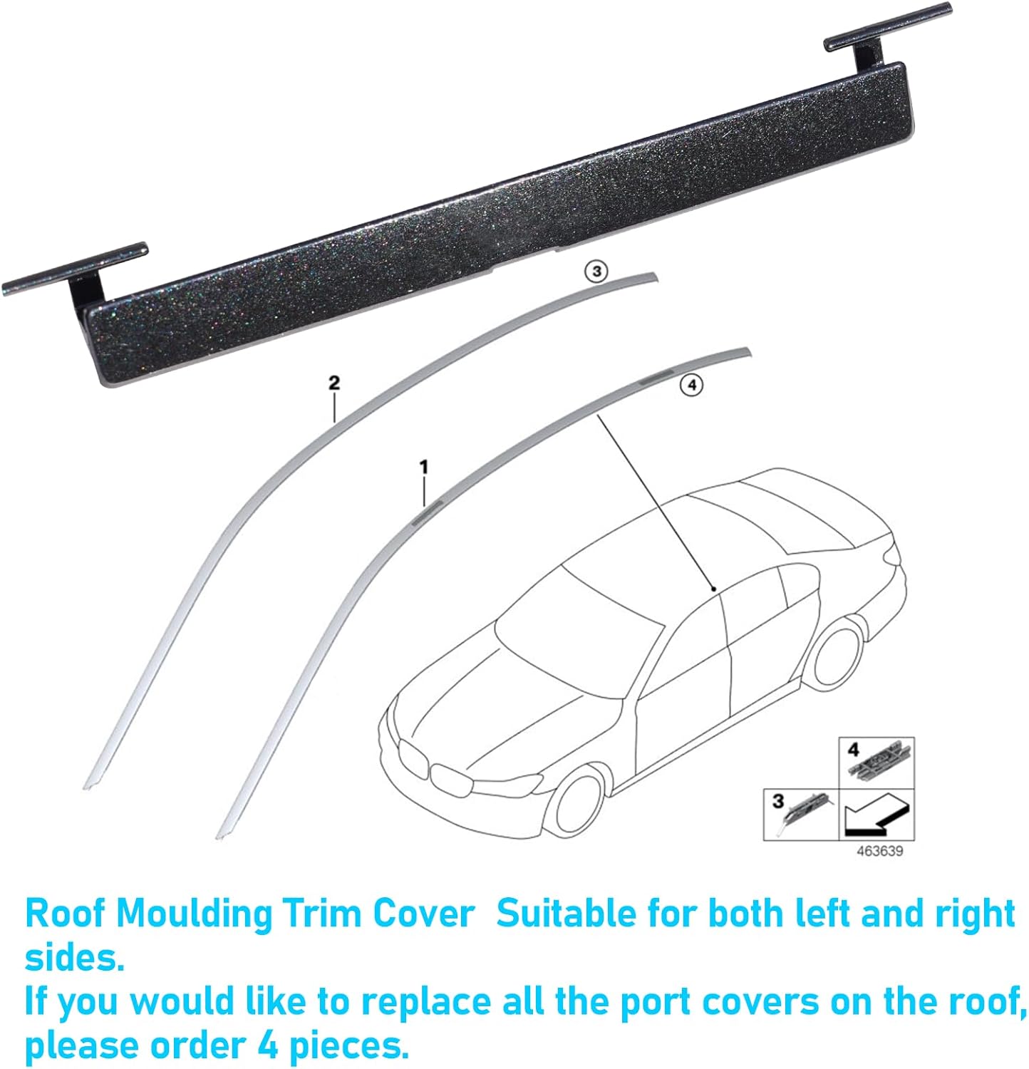 Diagram showing roof molding trim cover installation points on a car roof