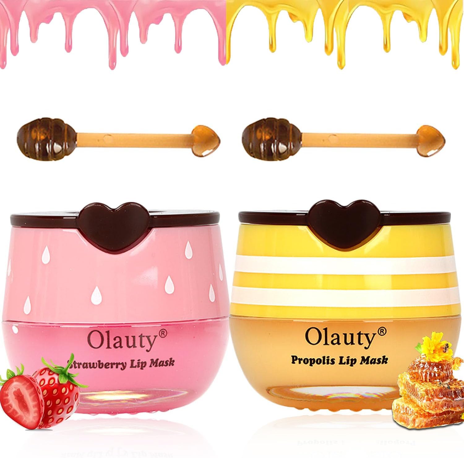2pcs Honey Lip Balm, Aardbei & Honing Vochtinbrengend Lipmasker om Liplijntjes te Verminderen, Slaap Lipmasker met Sticks, Hydrateer en Voorkom Droge & Gebarsten (2pcs, Honey+Strawberry)