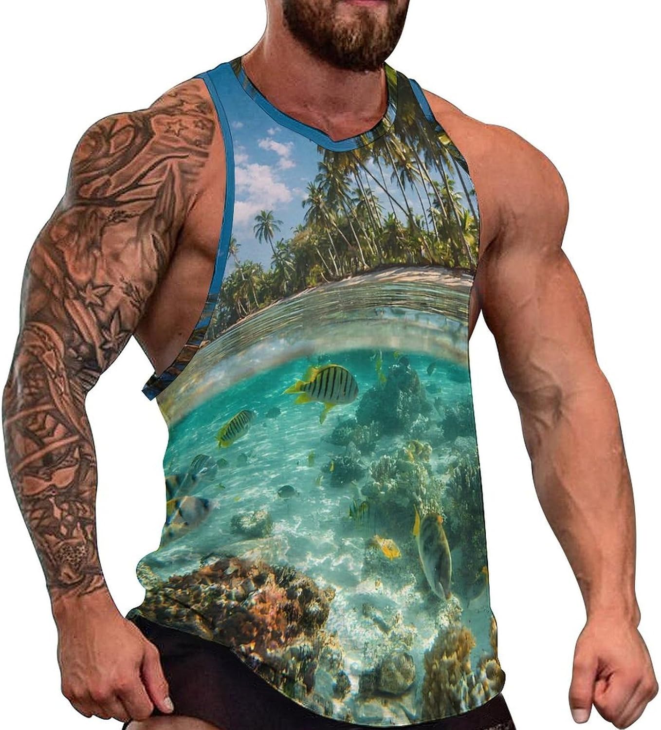 Coconut Trees Beach Fish Men Tank Top Workout Shirt Muscle T Shirt 5XL
