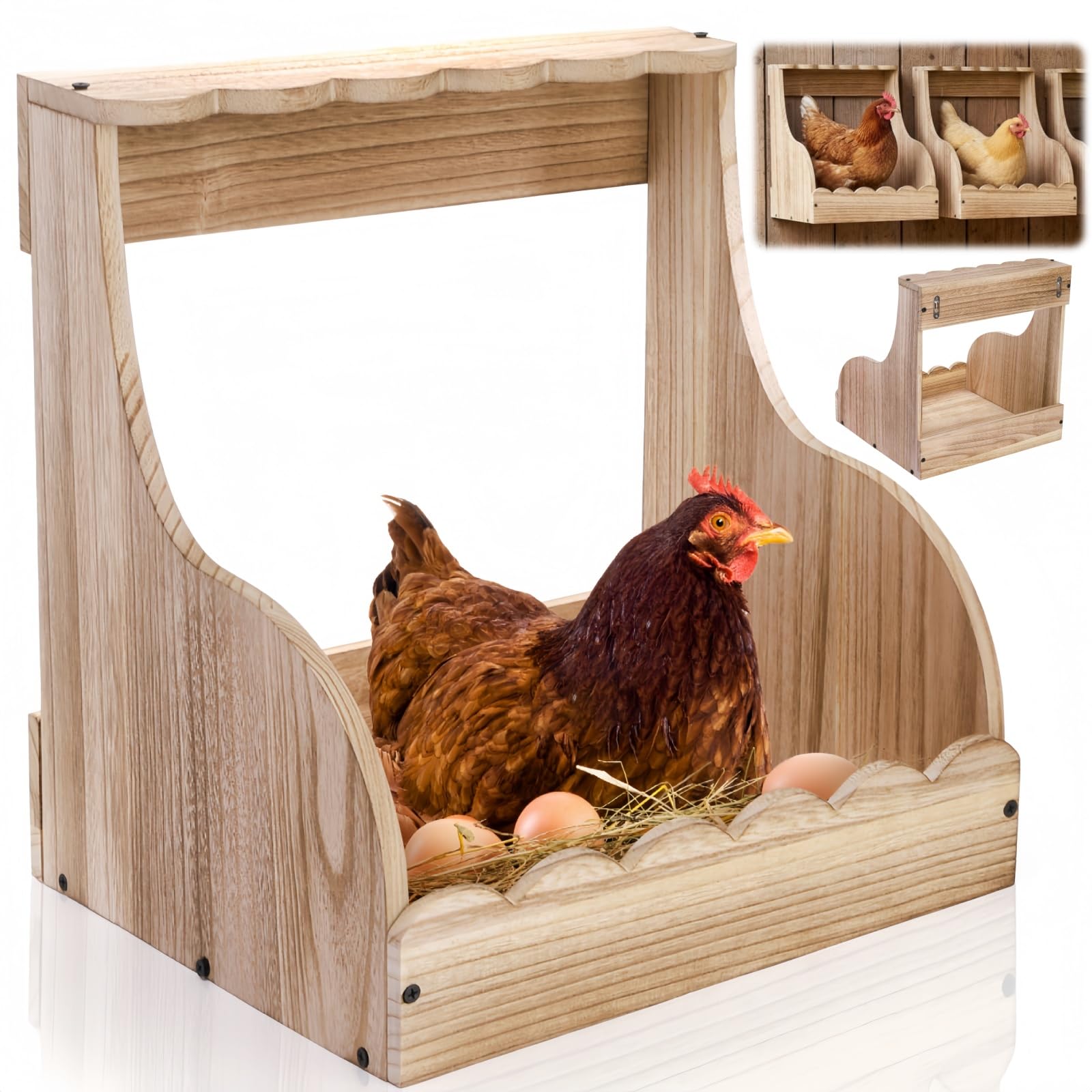 Tlence Caja de anidación de pollo de un solo compartimento, 14.5 x 13.75 x 13.75 x 13 pulgadas, caja de huevos de madera para gallinas ponedoras de huevos, accesorios grandes y resistentes para aves
