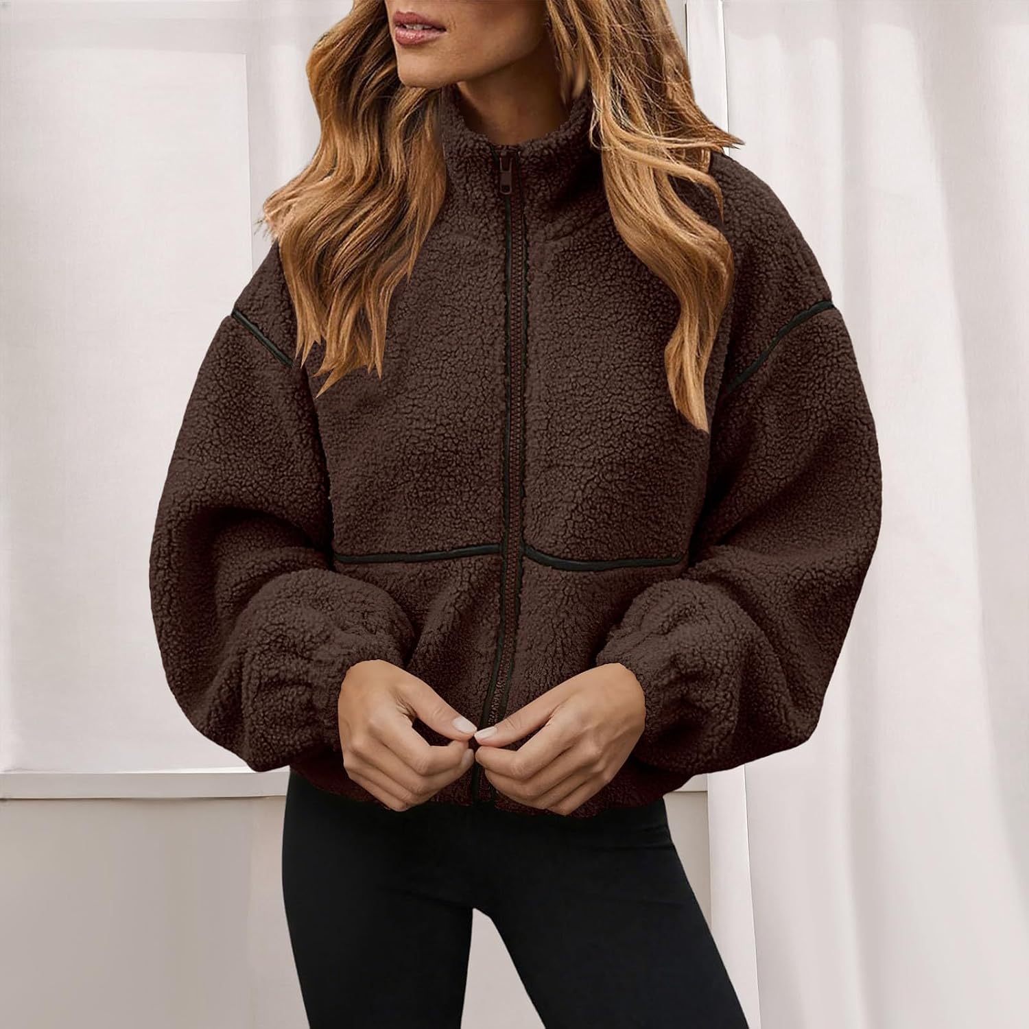 Womens Sherpa Fuzzy Fleece Jackets Casual Warm Winter Zip Up Long Sleeve Fluffy Coats 2025 Shaggy Outwear With Pockets