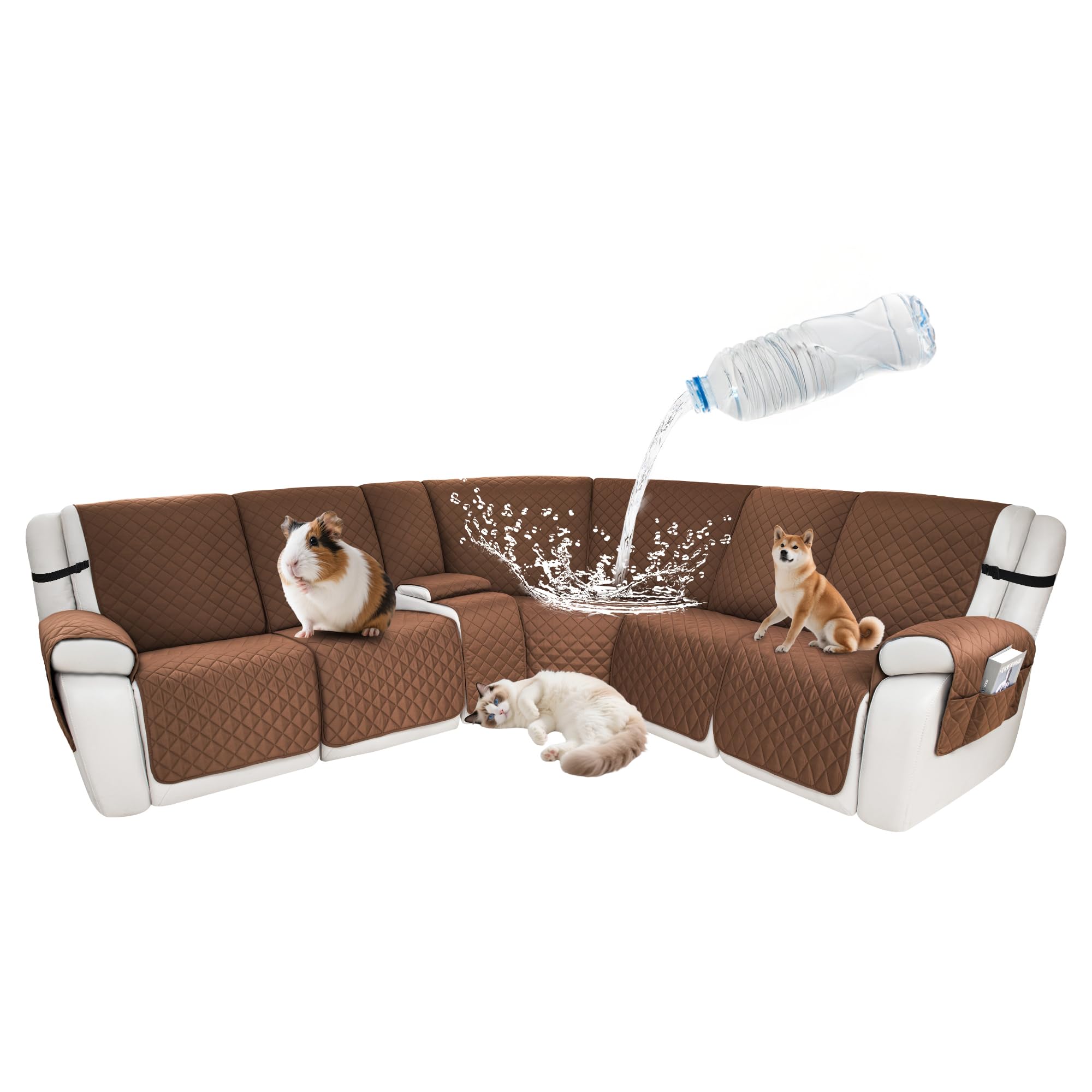 Waterproof Sectional Reclining Couch Covers L Shaped Recliner Sectional Sofa Cover 8 Piece Non Slip Washable Corner Recliner Slipcover Set for Pet Dog (5 Seater 1 Console Cover, Coffee)