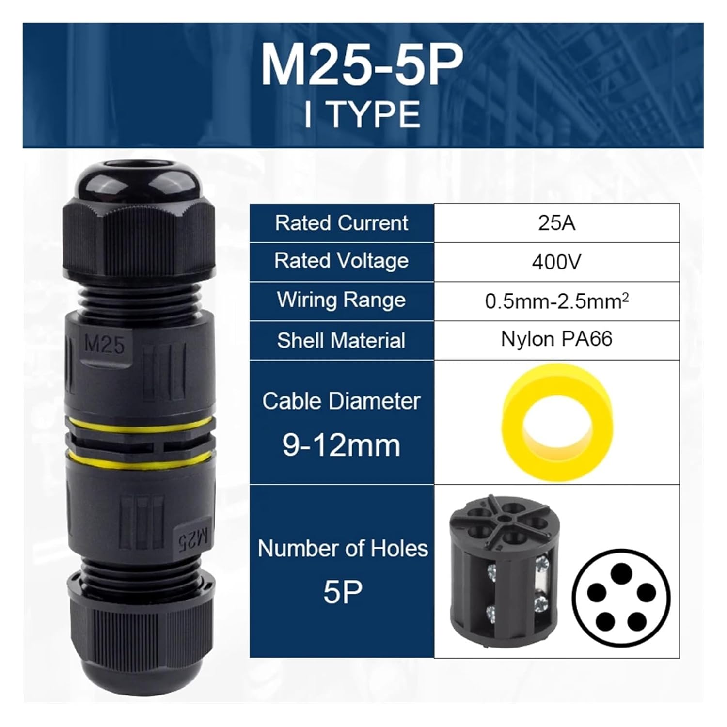 IP68 Waterproof Connector Wire Cable M25 2/3/4/5 Core Outdoor Straight Quick Push in Terminal Block Conductor(M25-5P(9-12mm))