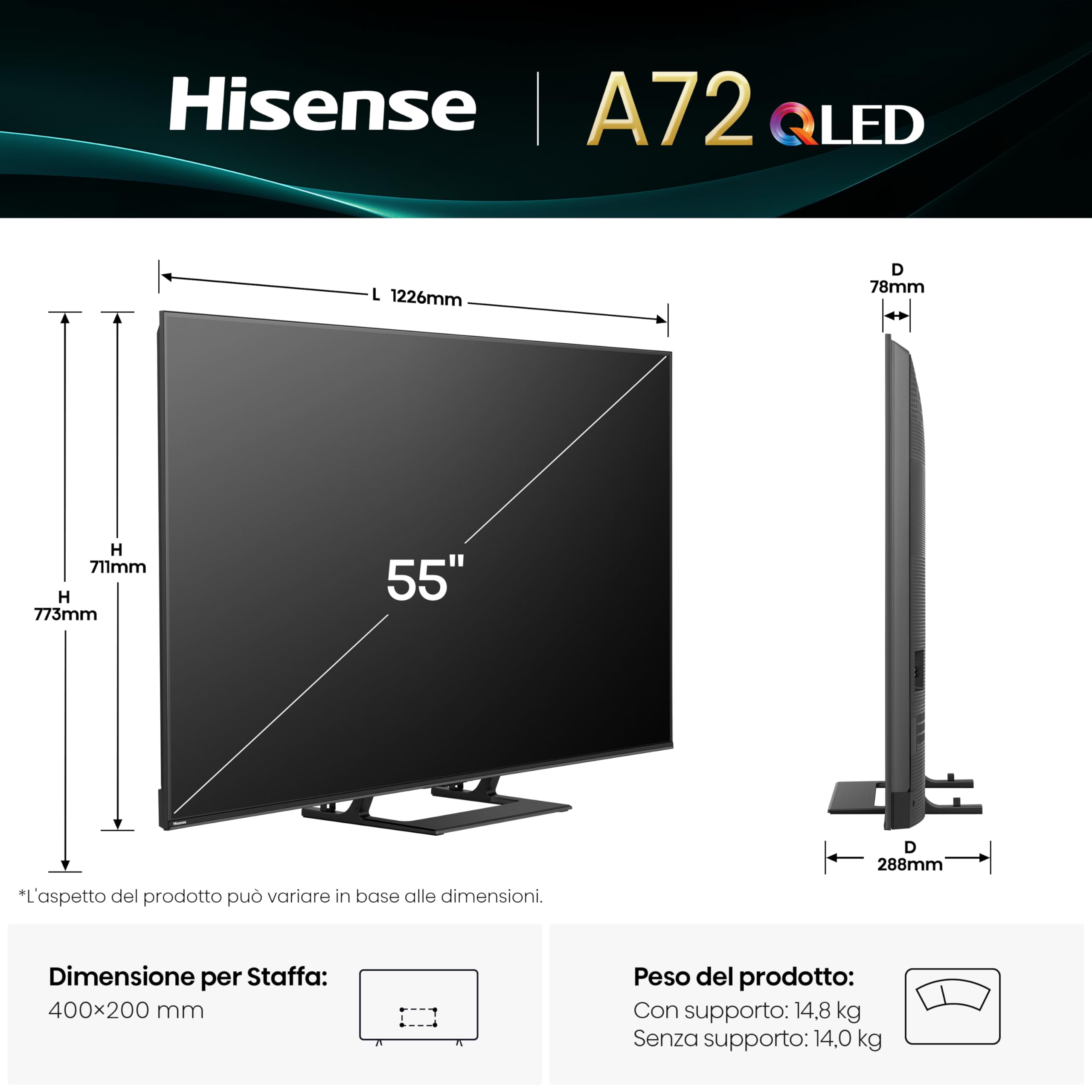 TCL 55A72Q QLED 4K Smart TV 55 Pollici - Dettaglio