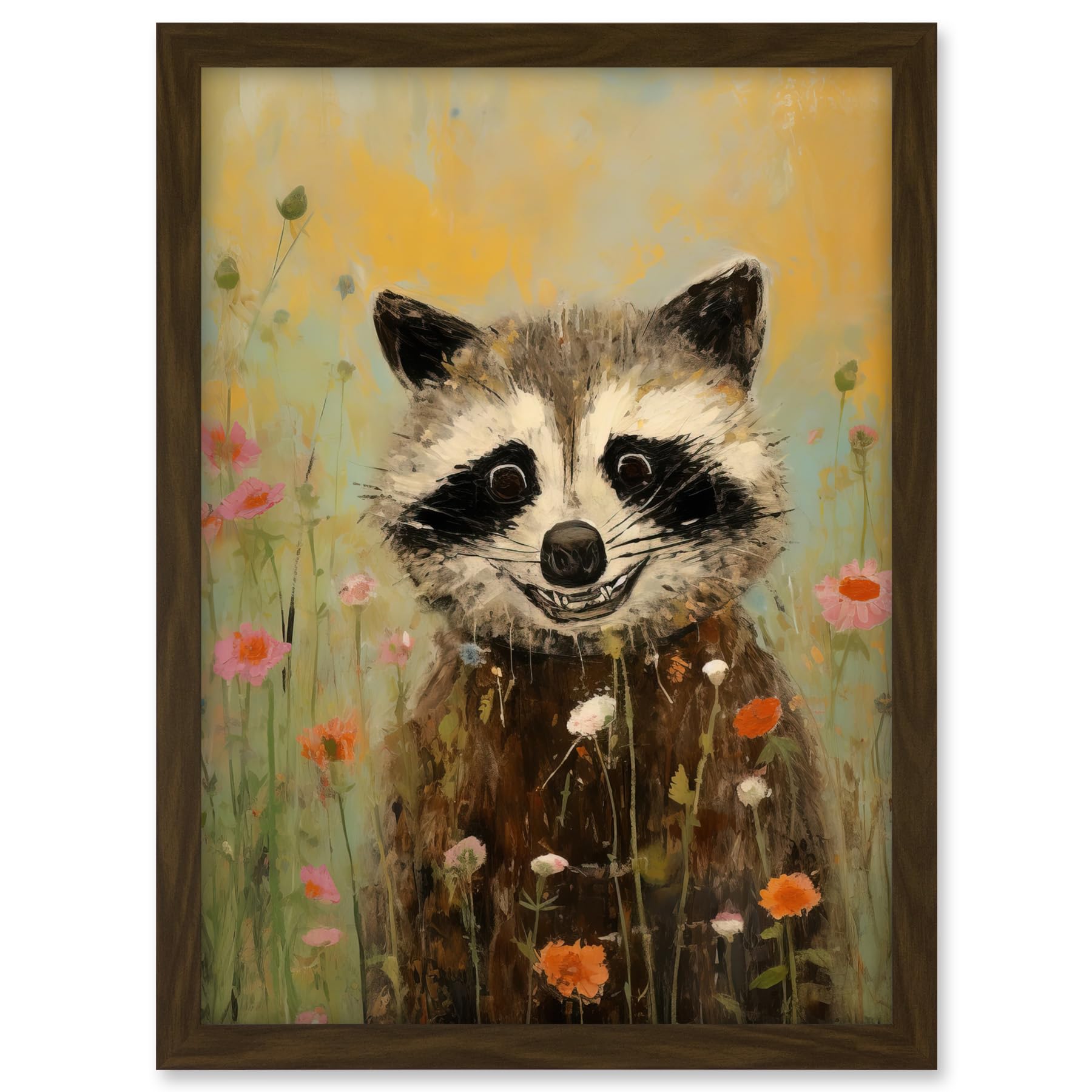 Artery8 Gleeful Raccoon Picking Flowers Oil Painting Red White Blooms Spring Meadow Landscape Kids Bedroom Artwork Framed A3 Wall Art Print