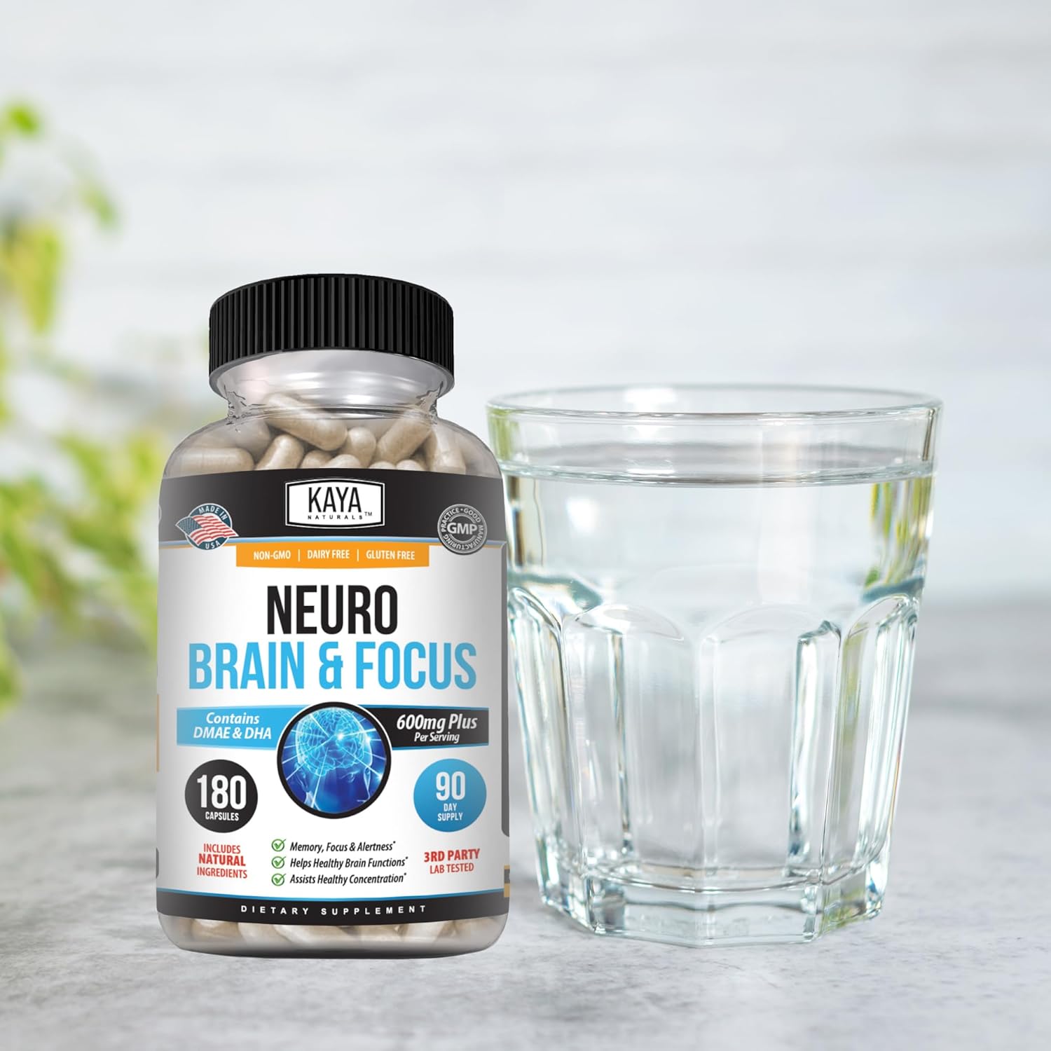 Kaya Naturals - Neuro Brain for Memory & Focus - Nootropic Energy Capsule - Nootropic Brain Support Supplement - Focus & Concentration & Learning Accuracy - Cognitive Function - 180 Count