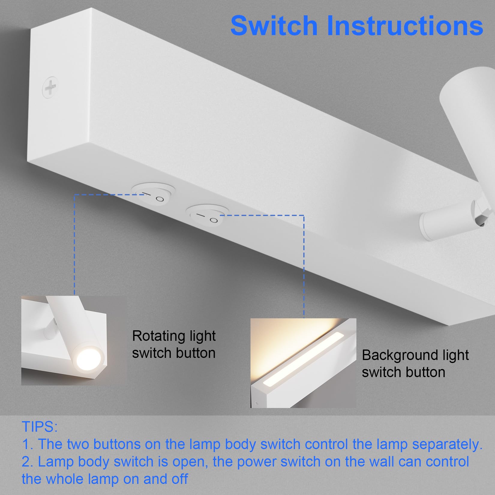 Klighten 2X Led Applique da parete Interno, 3000K Luce da parete Con 2 interruttore, 3W+3W Lampada da Parete 2 Flames, Faretto Rotondo 330°/60°Orientabile, Alluminio, Soggiorno, Luce calda, Bianco