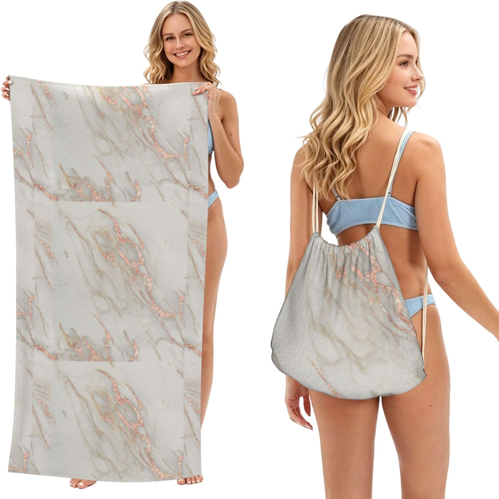 Poadnly As Picture Marble Rose Gold Marble Metallic Blush Pink, 2 In 1 Packable Towel Bag, Beach Towels With Drawstring Backpack For Travel Holiday Camping