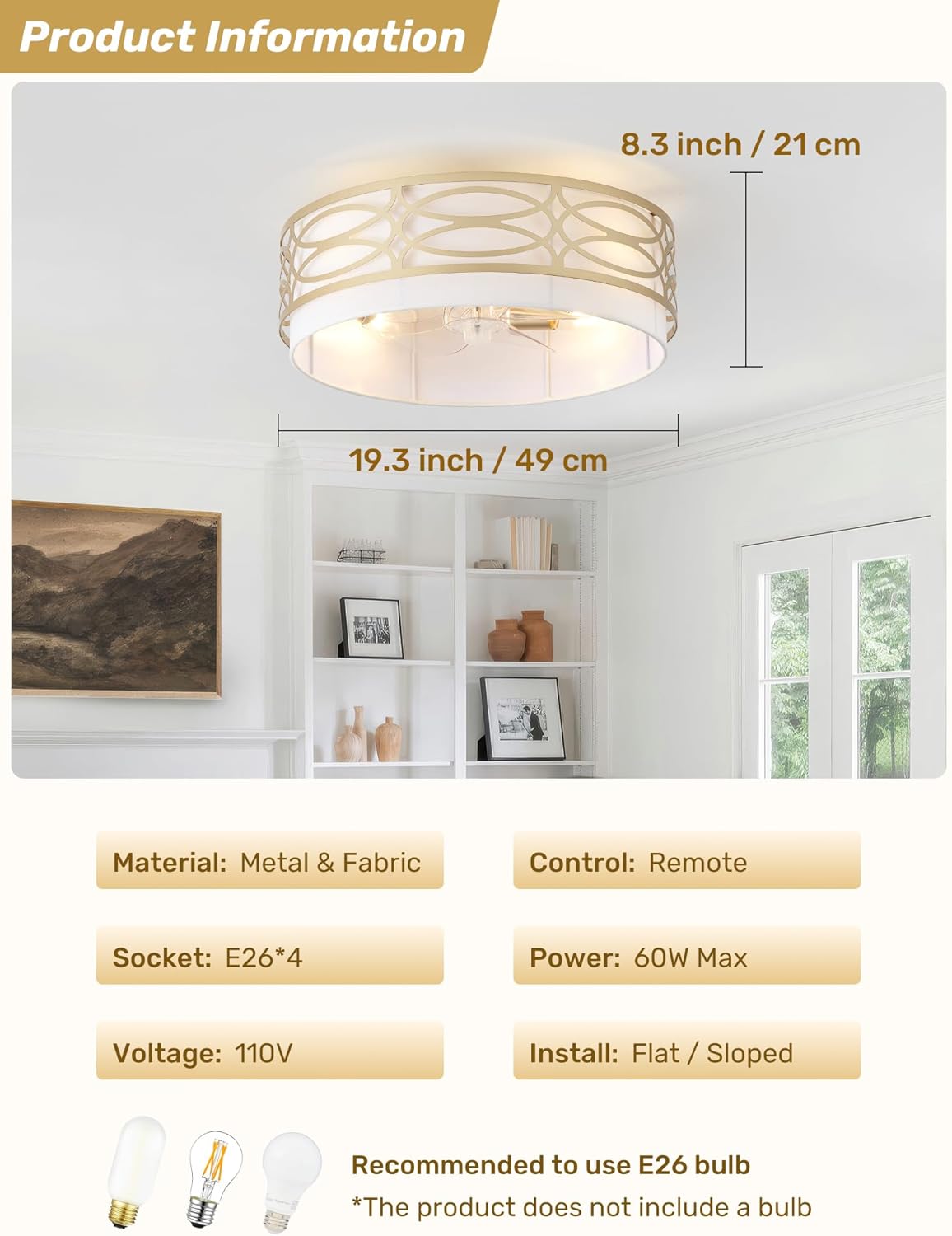 20" Gold Flush Mount Ceiling Fan with Light, Caged Boho Ceiling Fan with Lights Remote Control with 6 Speeds for Bedroom, Living Room, Nursery