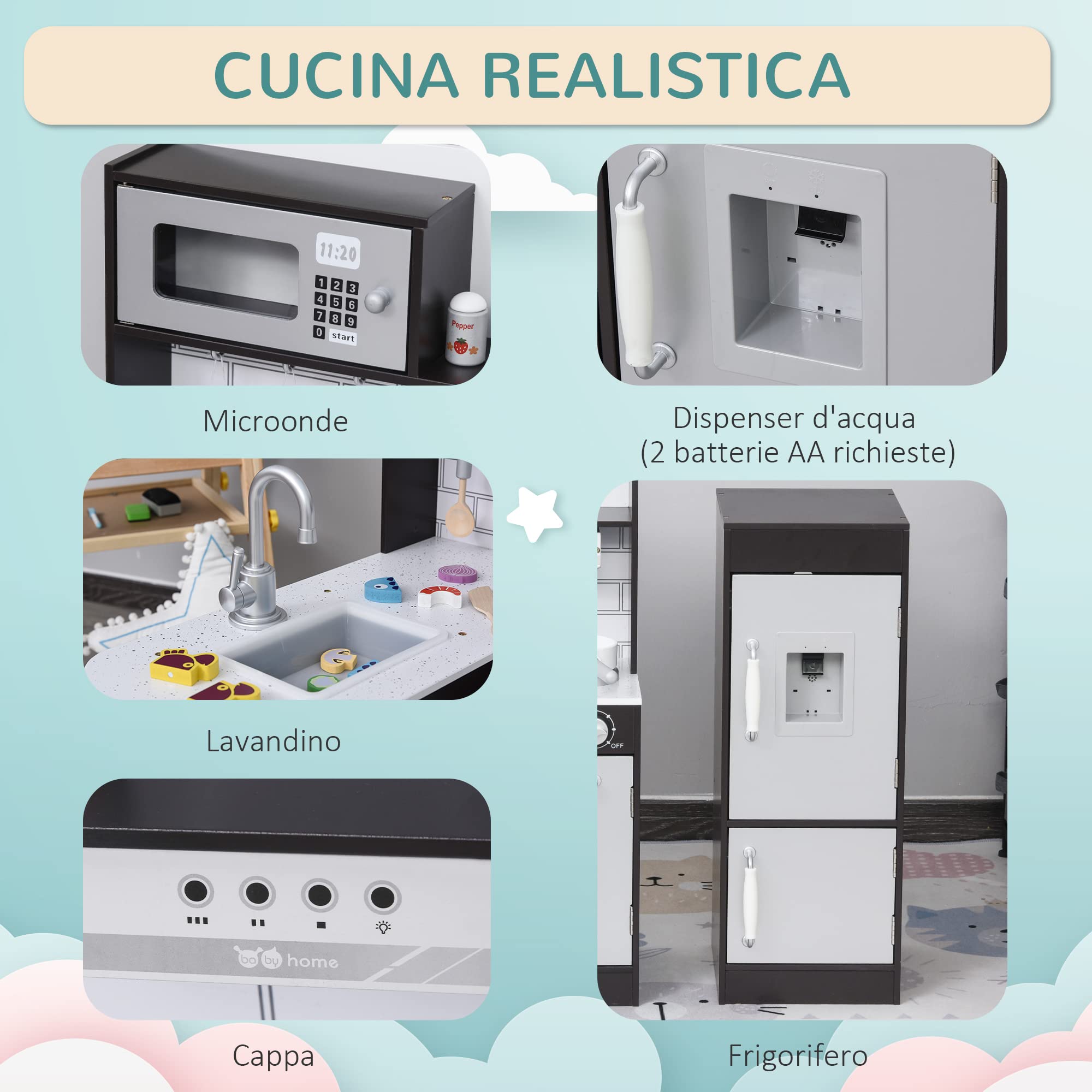 HOMCOM Cucina Giocattolo per Bambini 3+ Anni, in Legno, Argento Marrone | 14 Accessori, Forno, Lavandino, Frigo e Microonde, 86x64x84.5cm