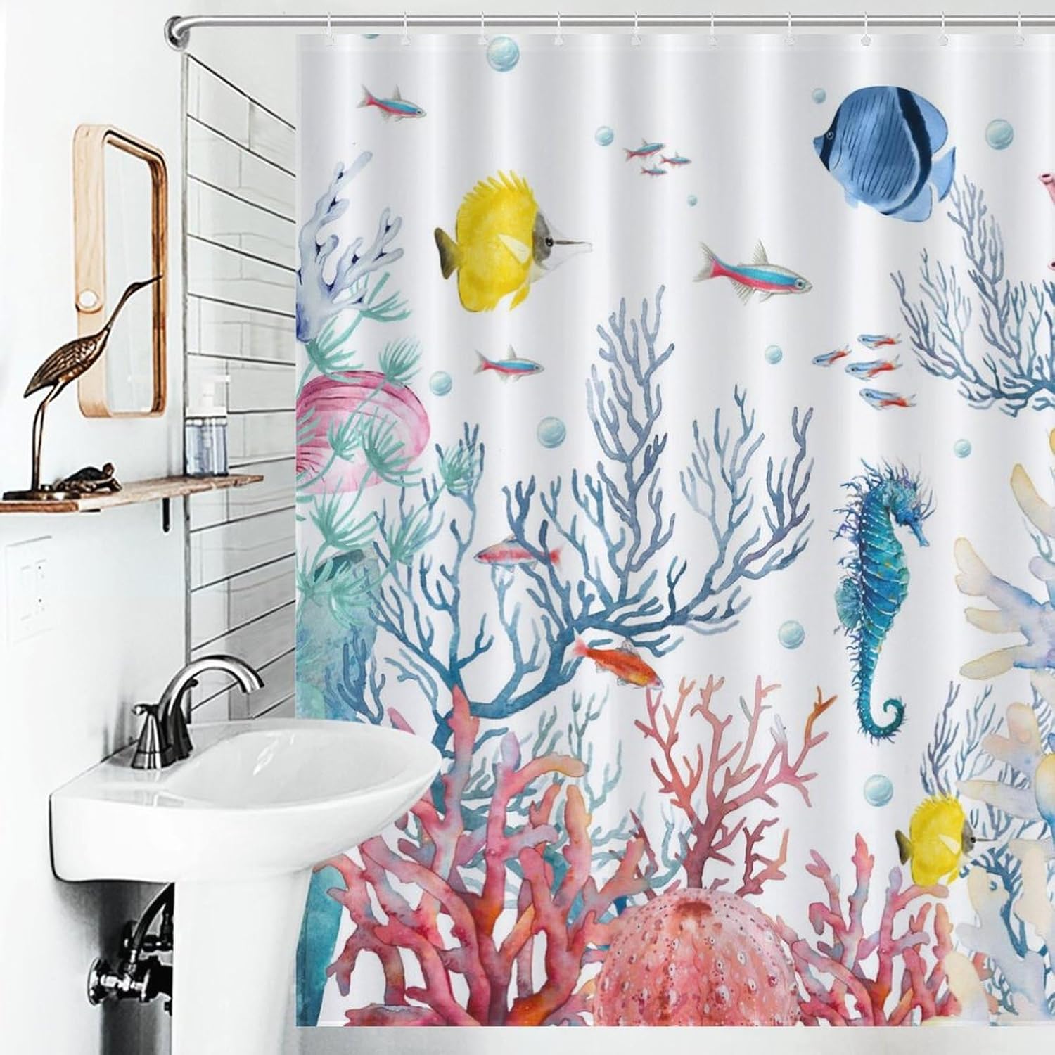 Nautical Shower Curtain, Beach Theme Coastal Sea Turtle Coral Starfish Seashell Seahorse Blue Tropical Summer Waterproof Fabric Bathroom Shower Curtain Set with Hooks, 72"x78" Inch