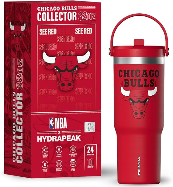 Hydrapeak NBA Officially Licensed Chicago Bulls Nomad 32oz Insulated Stainless Steel Leakproof Water Bottle with Flexible Grip Handle & Straw Lid, Limited Edition Collector Gift Box