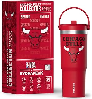 Hydrapeak x NBA Officially Licensed Chicago Bulls 32oz Nomad Stainless Steel Tumbler with Handle and Straw Lid, Leakproof Water Bottle in Limited Edition Collector's Gift Box