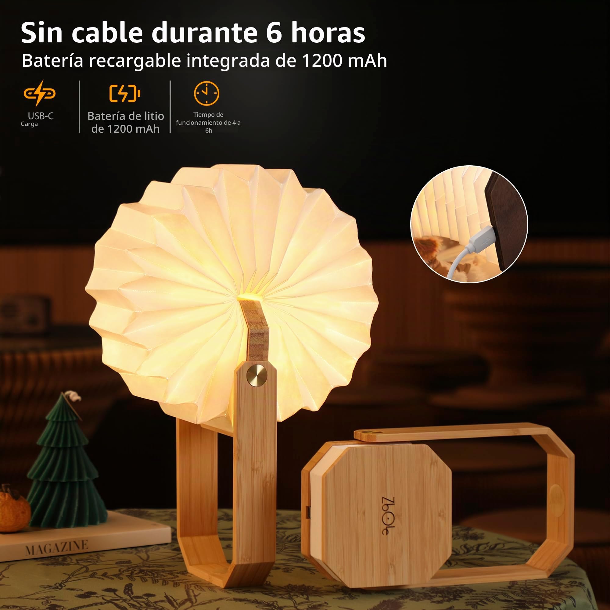 Lámpara de Mesa de Madera con Asa, Lámpara de Linterna Japonesa, Luz Ambiental, Lámpara de Ambiente, Lámpara LED Recargable para Hogar & Exterior & Fiesta & Regalo (Bambú)