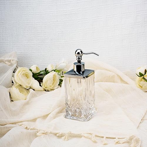 Miniatura 4 de Dispensador de jabón de vidrio transparente de 10 onzas, hecho a mano, sin plomo, dispensador de desinfectante de manos con bomba plateada para