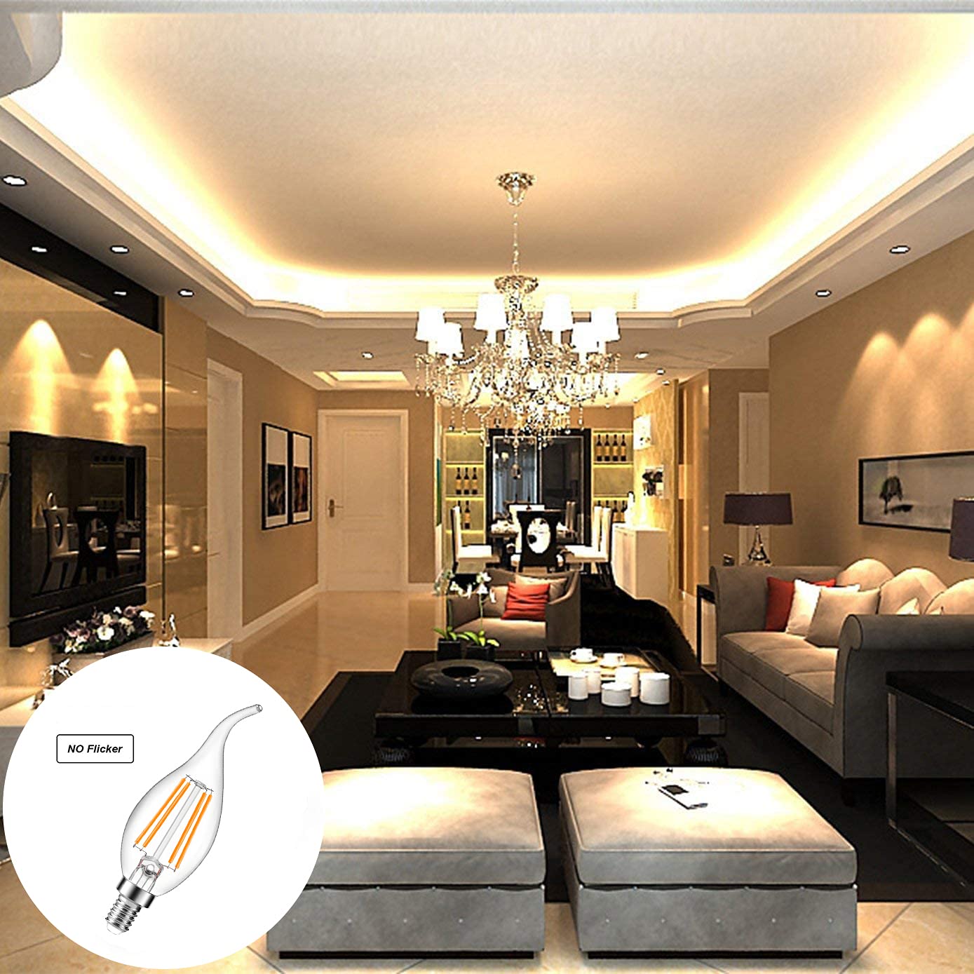 Ruihua E14 6W LED Filament Glühbirne Warmweiß 2700K (Entspricht 60W Halogenbirne) Nicht Dimmbar Kleine Vintage Energiesparlampe 600LM Edison Schraube C35 Kerzenbirnen,Packung mit 20