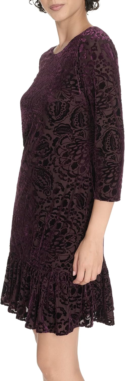 Tommy Hilfiger Womens 3/4 Sleeve Crew Neck Double Ruffle Hem Velvet Burnout Shift Mini Dress - Image 3