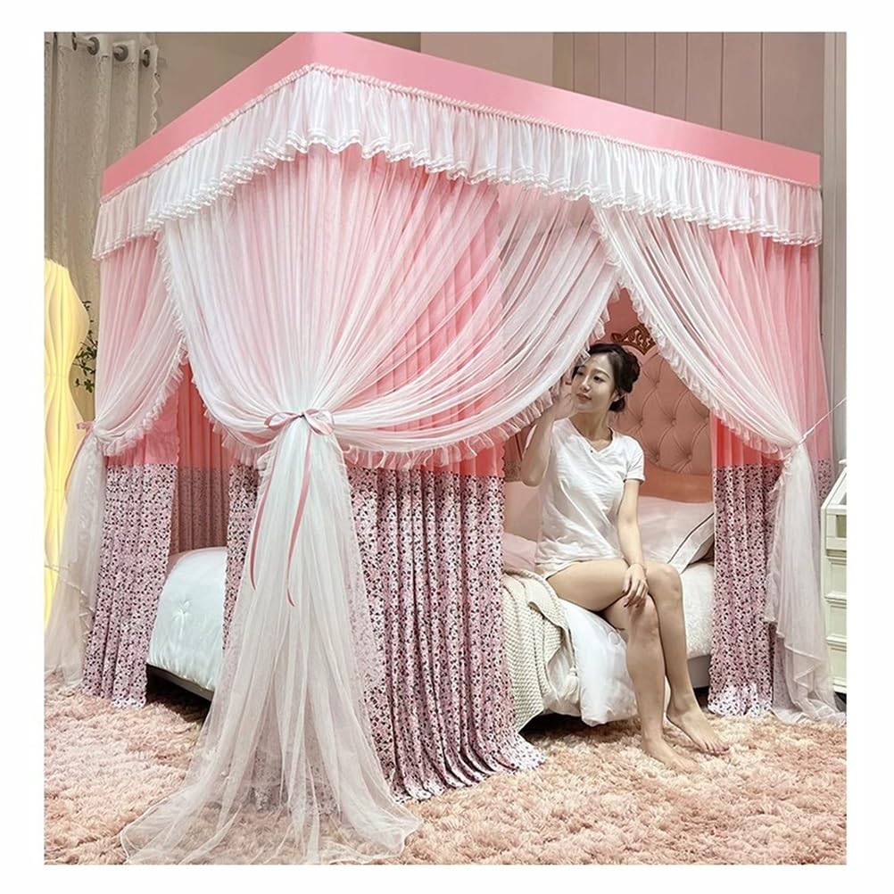 GJMSSMY 2-in-1 luxury bed canopy mosquito net, Windproof|dustproof|shading bed curtains, princess room bedroom decoration (Color : Pink-1-B, Size : 180X200cm/71X79inch)