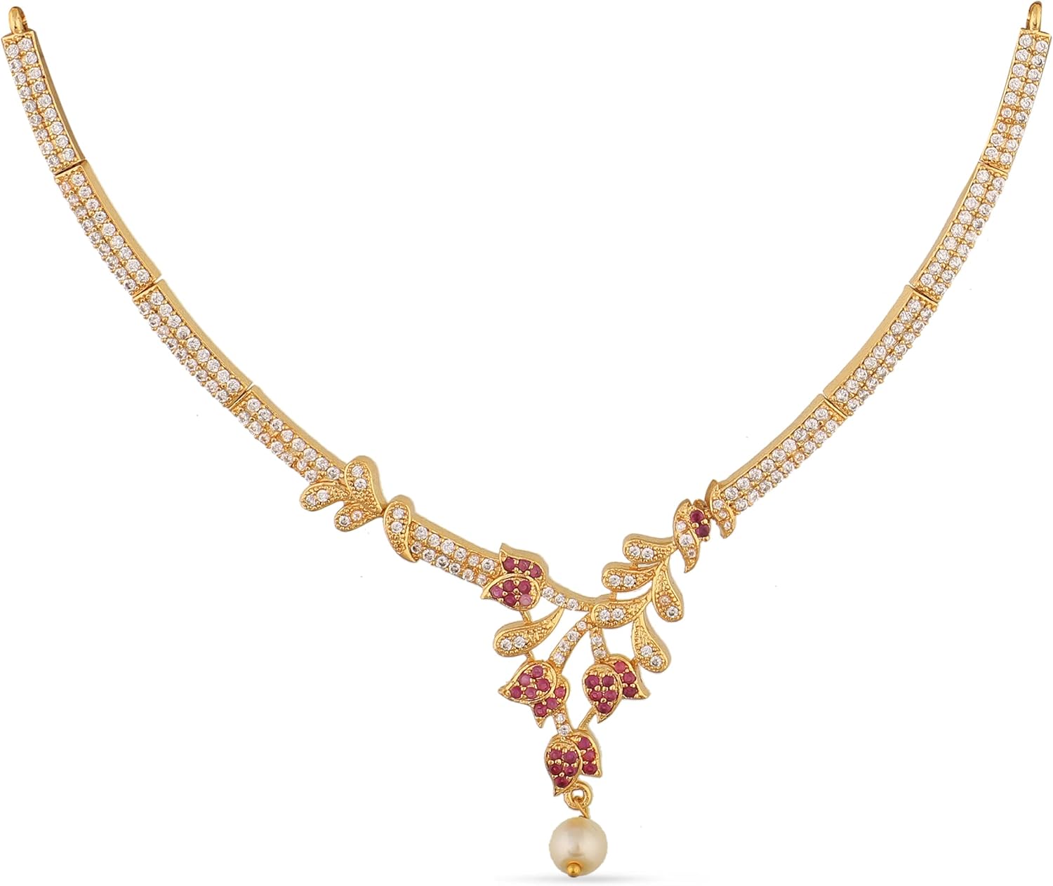 TARINIKA Jivisha Necklace Set with Earring for Women Wedding Bridal Jewelry set with Cubic Zirconia Stone and Pearl, Gold Plated Brass Jewelry for Brides/Bridesmaids/Party/Gift for her