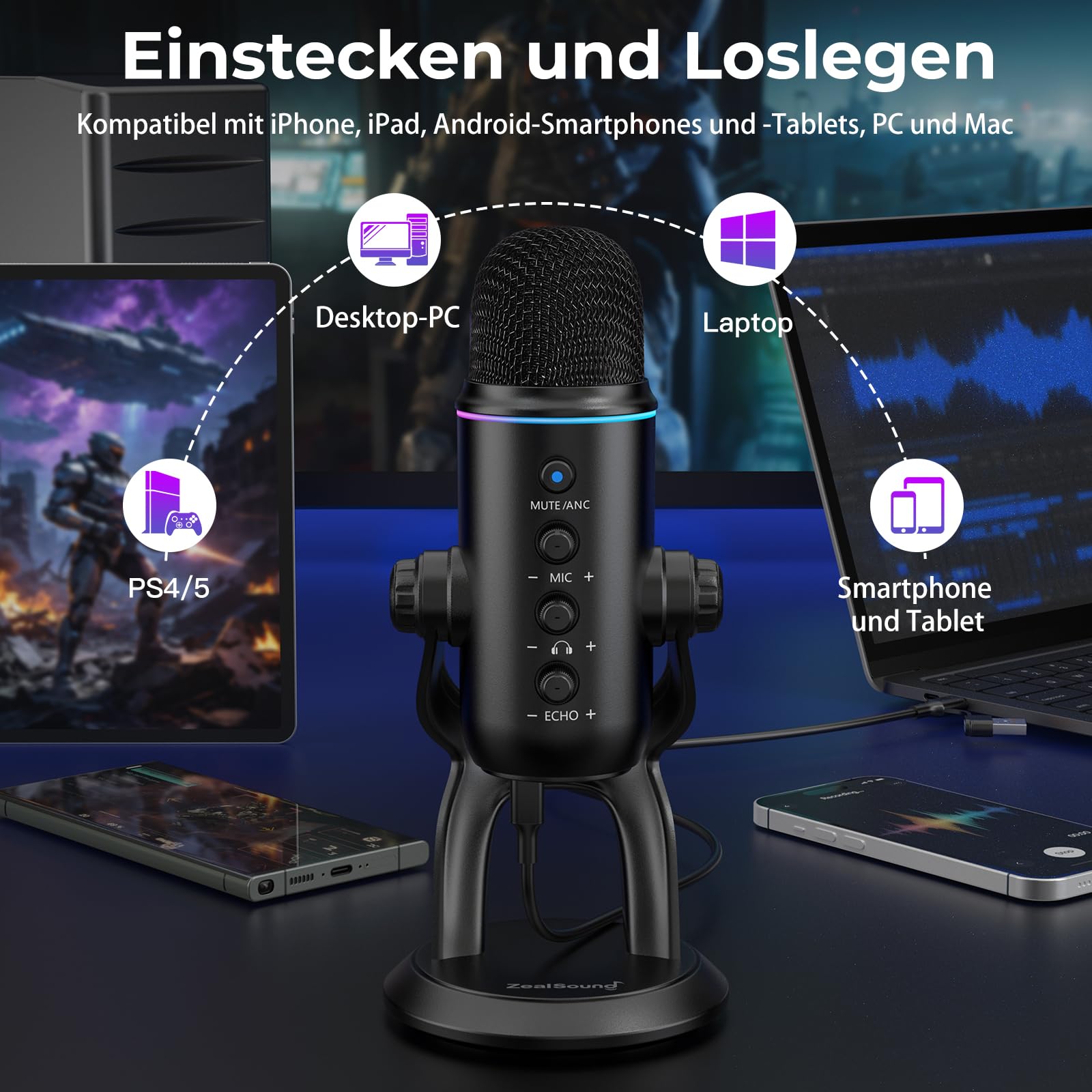 zealsound USB Mikrofon für PC & Smartphone, Plug & Play Podcast Mikrofon mit Rauschunterdrückung, Stummschaltung & Verstärkungsregelung, Desktop Kondensatormikrofon für Gaming, Streaming & Aufnahmen
