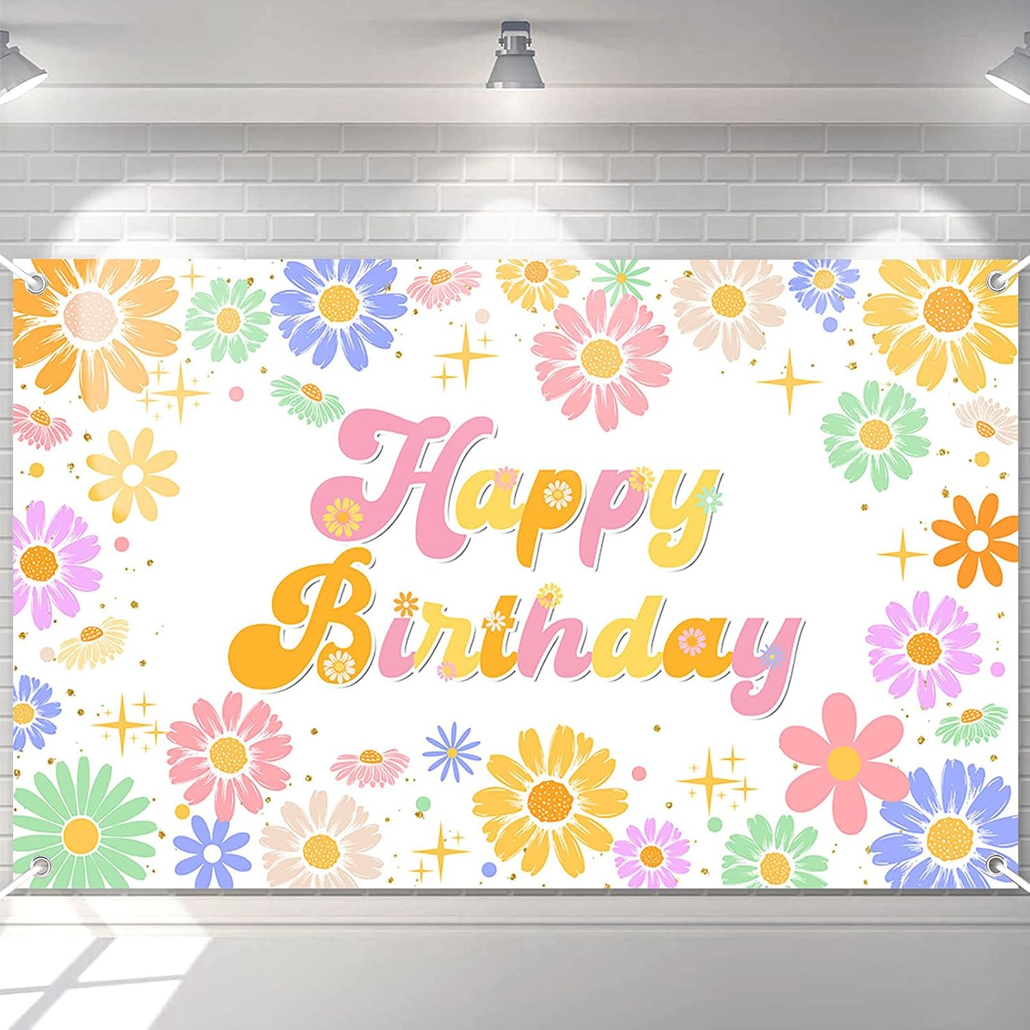Avezano Groovy Daisy Birthday Banner Daisy Flower Birthday Party Decorations Retro Hippies Flower Happy Bday Backdrop for Girl 70.8 x 43.3 Inch