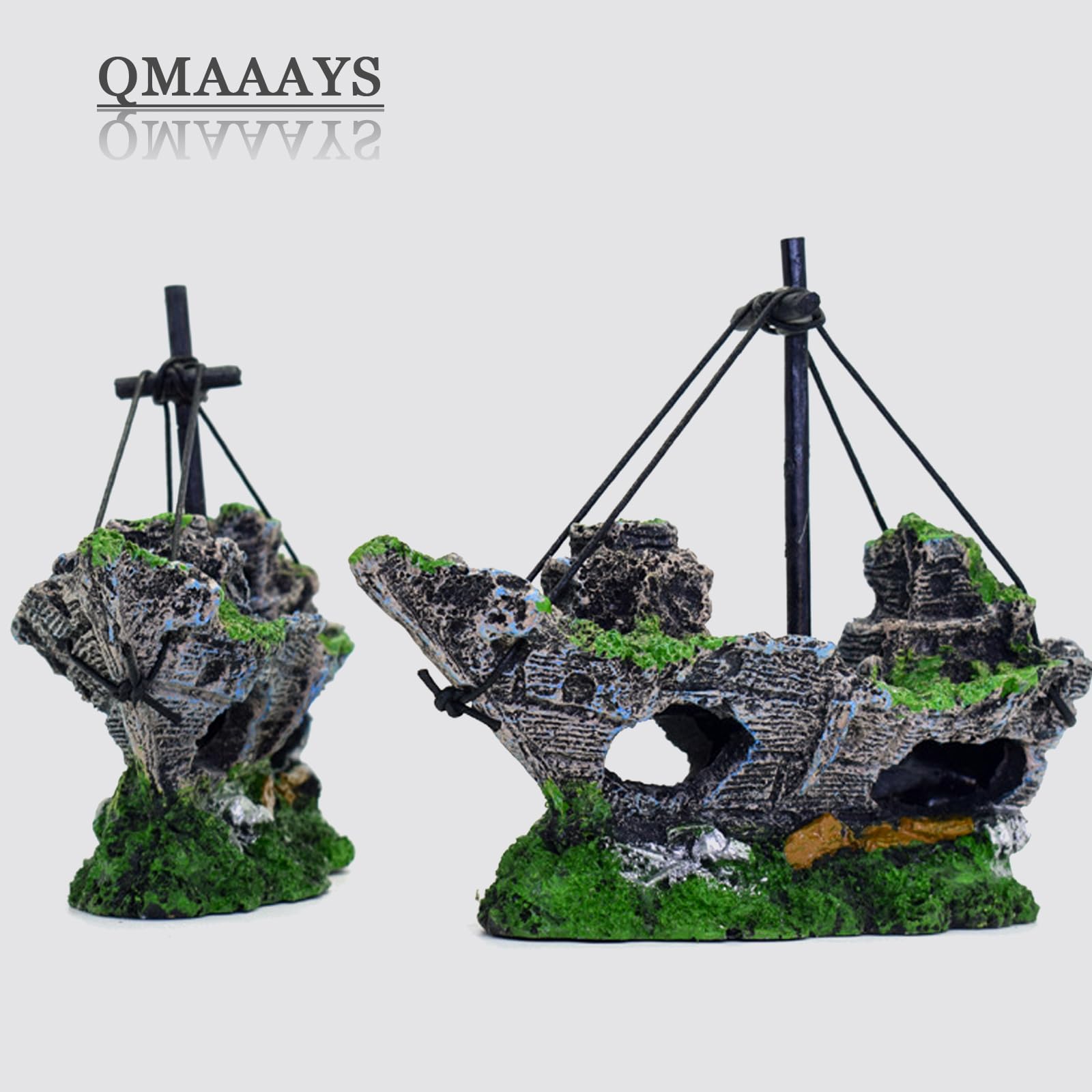 Amazon.co.jp: QMAAAYS 水槽用 難破船 オブジェ 海賊船模型 水族馆内