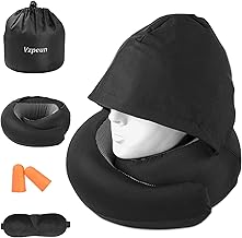 Travel Pillow - Hooded Neck Pillow Airplane Memory Foam Filling for Plane, Office, Cars Sleeping, Road Trip, Long Flights, Portable Plane Accessories, Includes Eye Mask & Earplugs (Black)