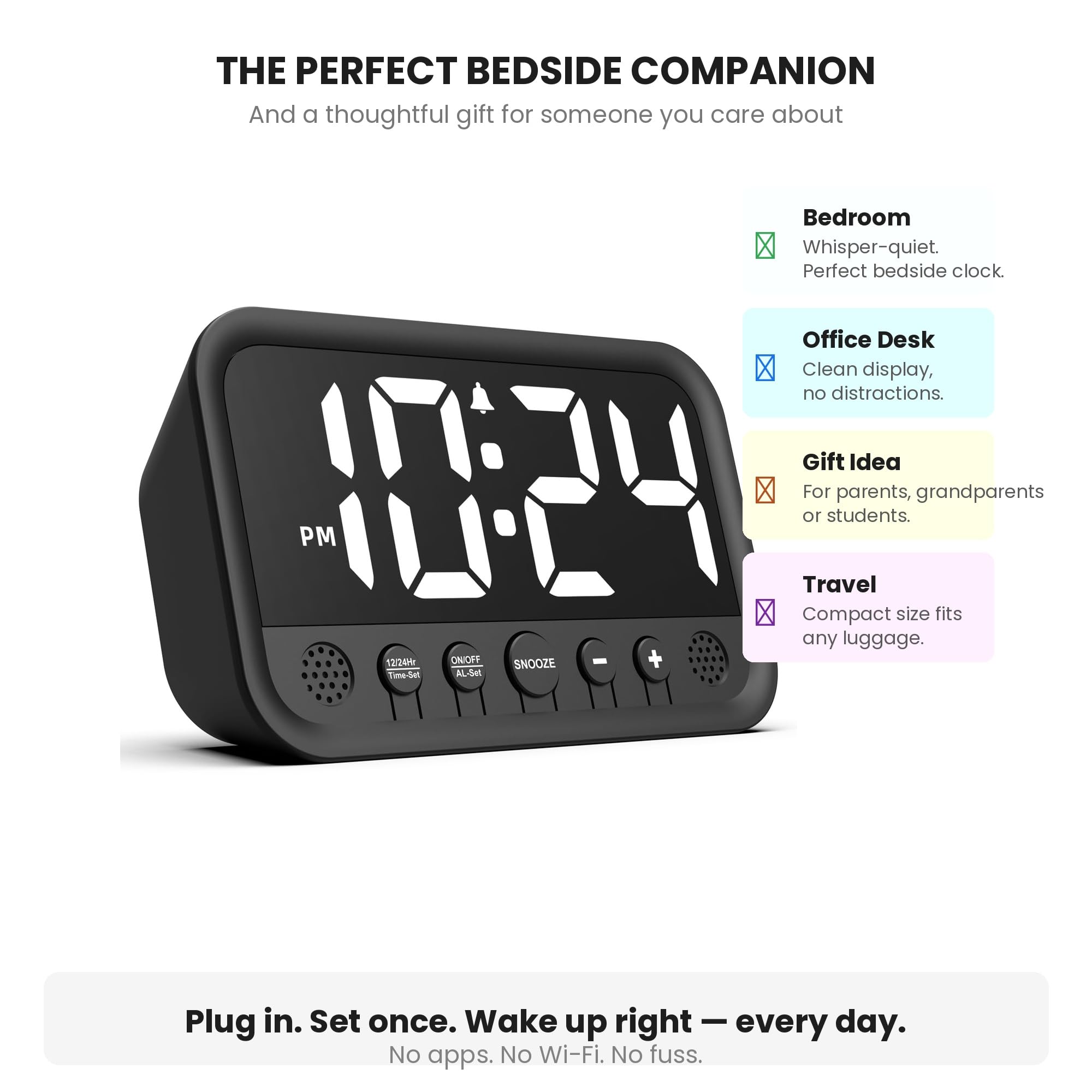 Sveglia digitale con numeri grandi, sveglia digitale con display LED, luminosità e volume regolabili, Snooze, 12/24HR