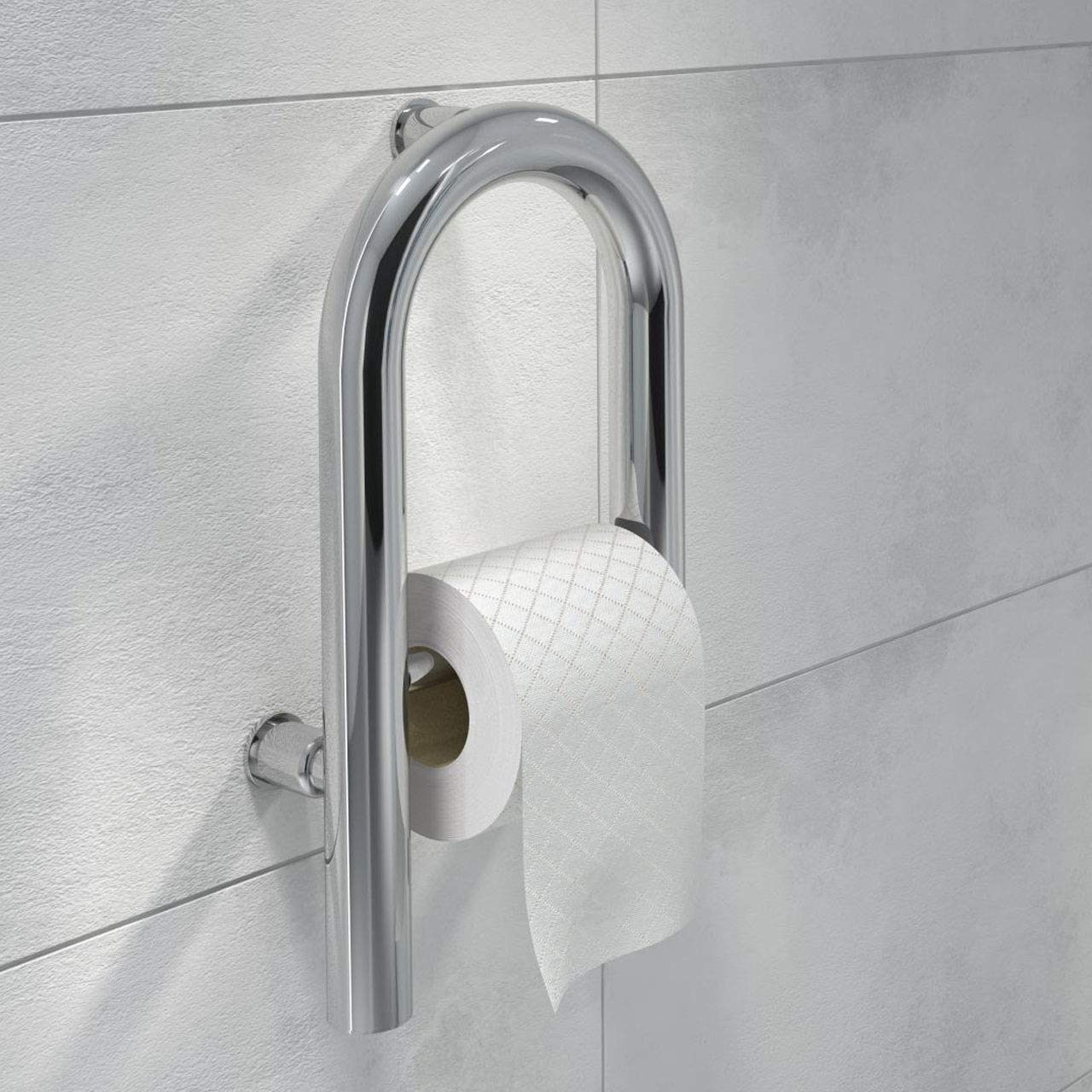 Massiver Edelstahl WC Sicherheitsgriff, Aufstehhilfe, Haltegriff mit Papierhalter - Für Toiletten und WC Bereich
