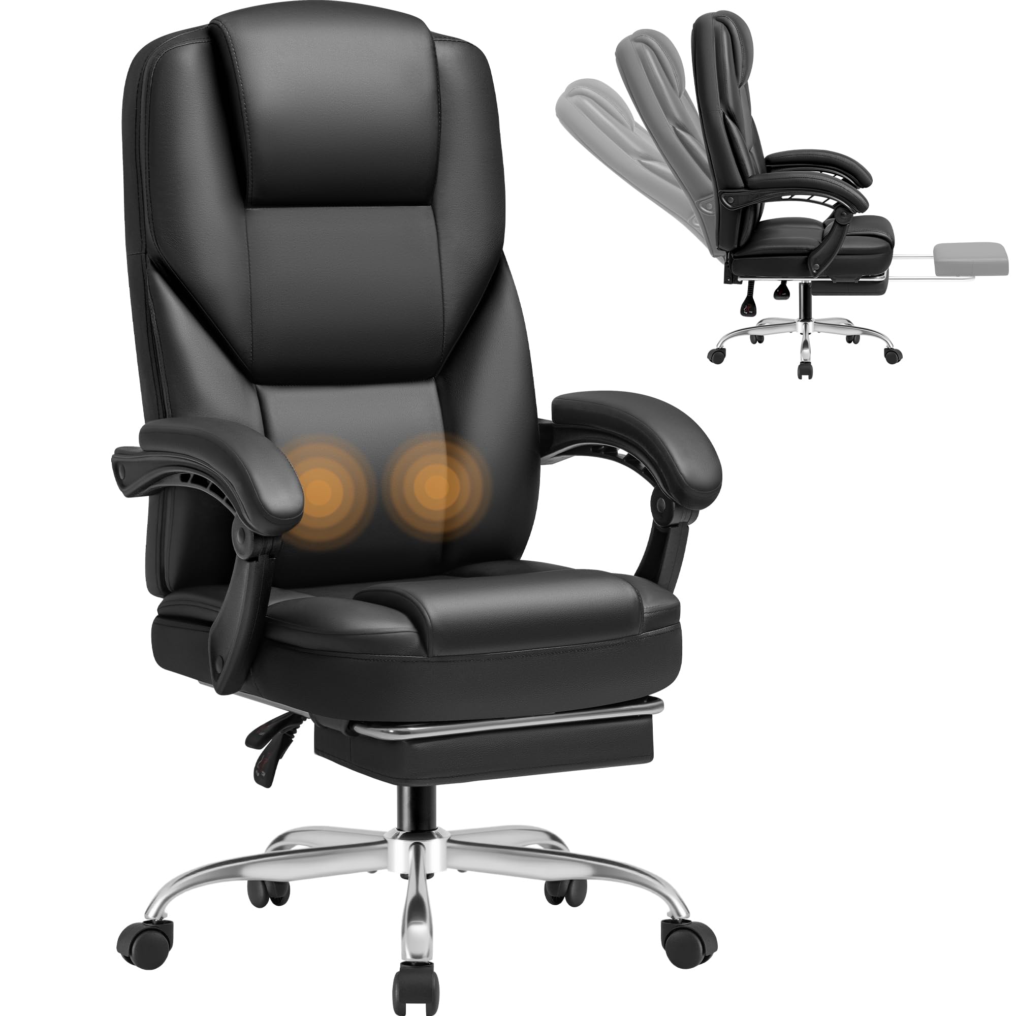 Shahoo Executive Office Chair with Massage, Ergonomic Reclining High Back Leather Seats with Footrest and Lumbar Support, Big and Tall, 400Lbs Heavy Duty, Black