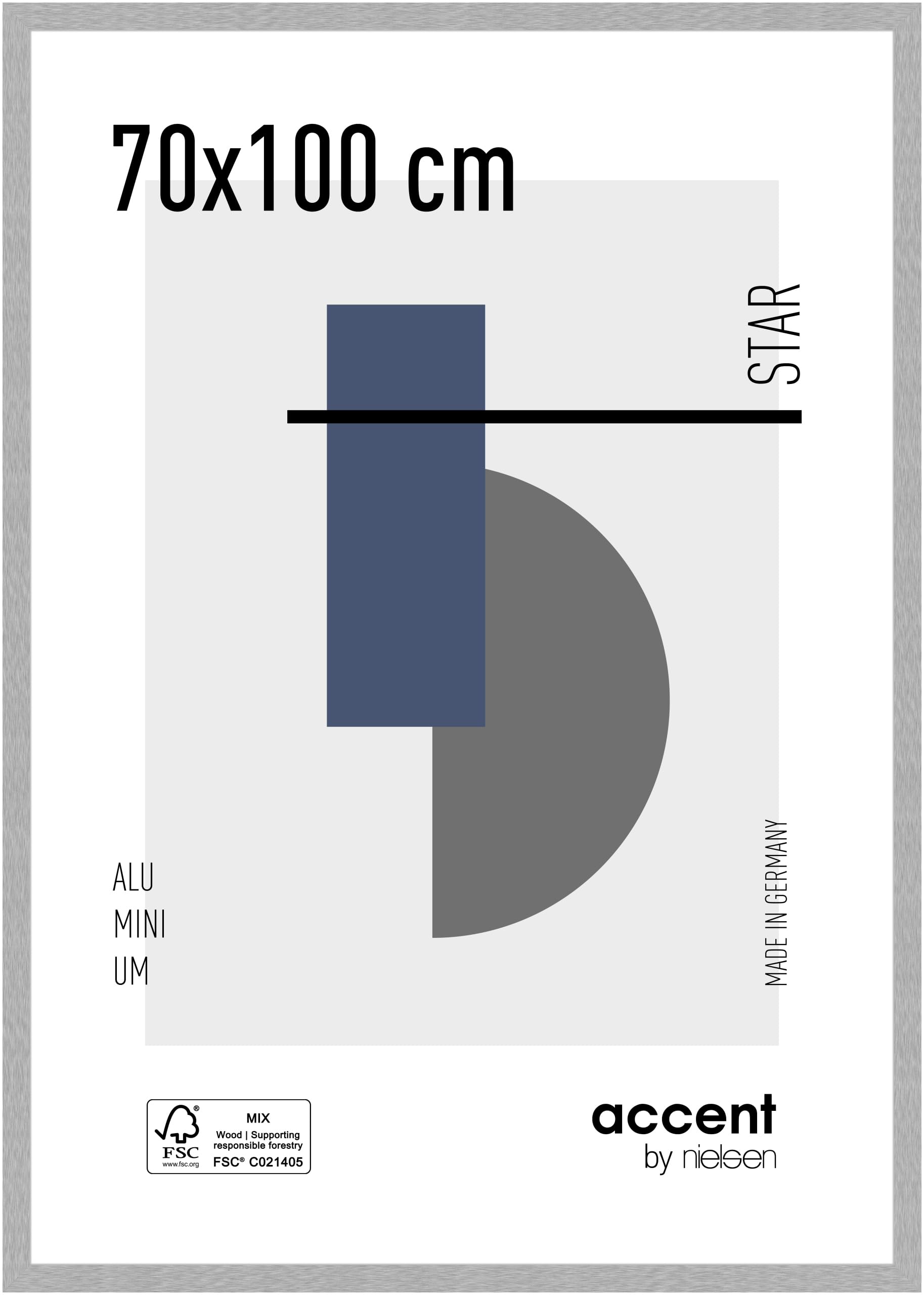 accent by nielsen Bilderrahmen, 70 x 100 cm, Aluminium, Silber matt, Posterrahmen zum Aufhängen im Hoch- & Querformat, Echtglas, Star