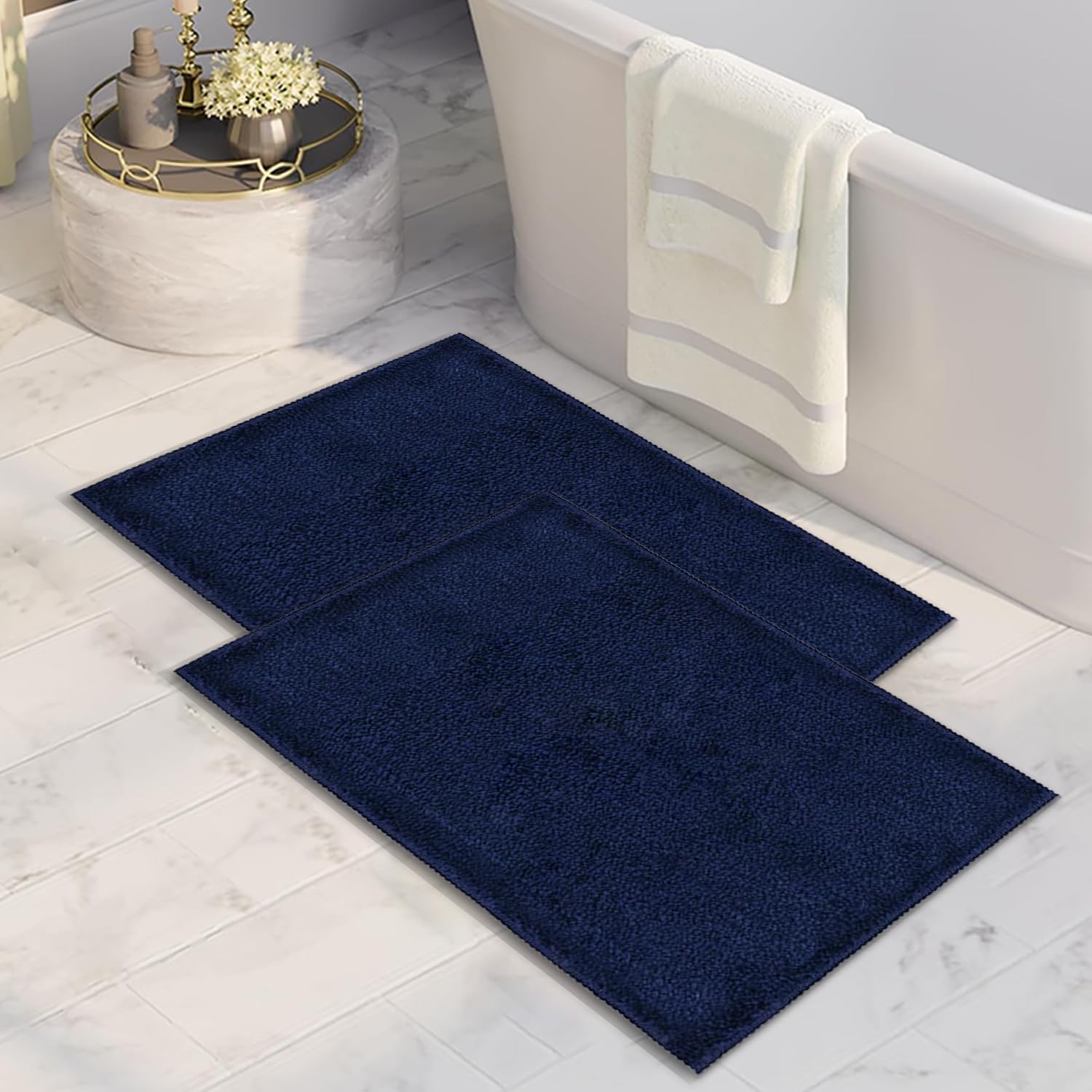 CANWAY® 1100 GSM |Pack of 2| 50x35 Cm Premium Microfiber Floor Mat | Ultra Soft & Super Absorbent | Anti-Slip Backing | Quick Dry Bath, Bathroom & Kitchen Mat|Navy-Blue