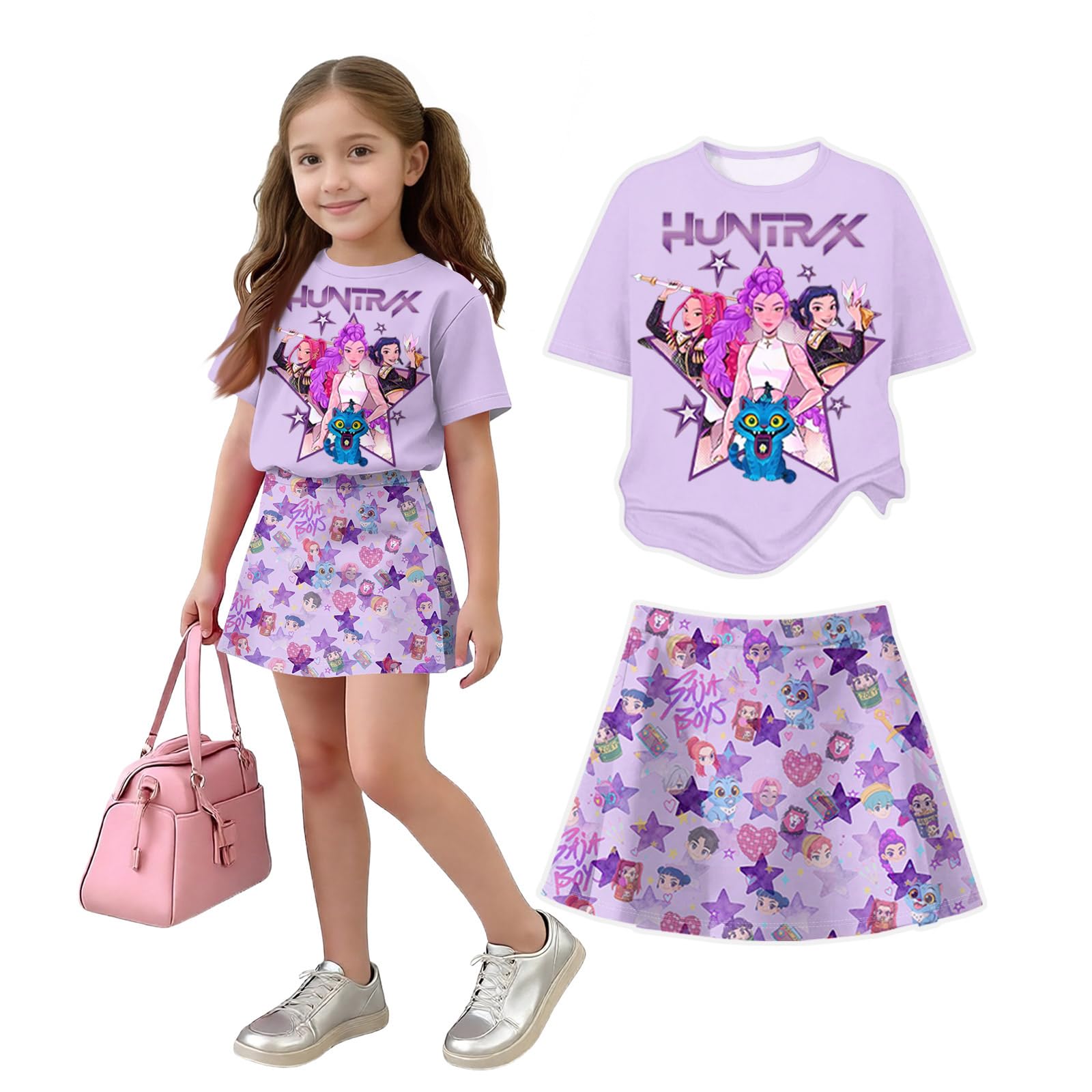 K Pop Short Sleeve T-Shirt and Skirts Outfits Set for Girls Hunters Girl's Anime Graphic Tees De-Mon Summer Sets — view 31