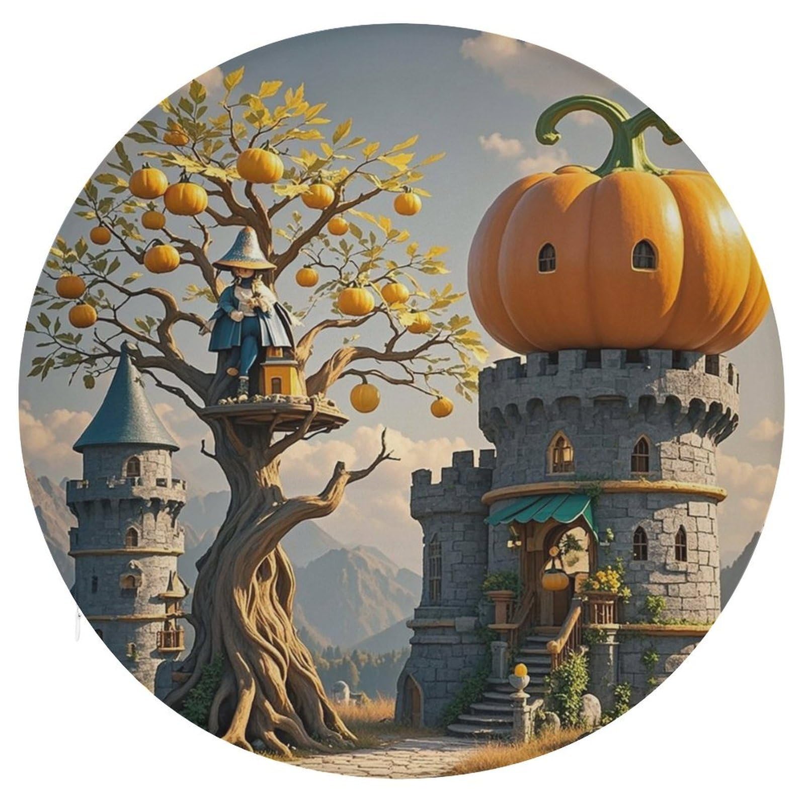 LZQPOEAS Pumpkin Tree House Swivel Seat Cushion with Supportive Memory Foam Comfort Round Bar Stool Cushion 15.3" Diameter Rotating Seat Cushions Fashion Chair Pad for Car Office Home