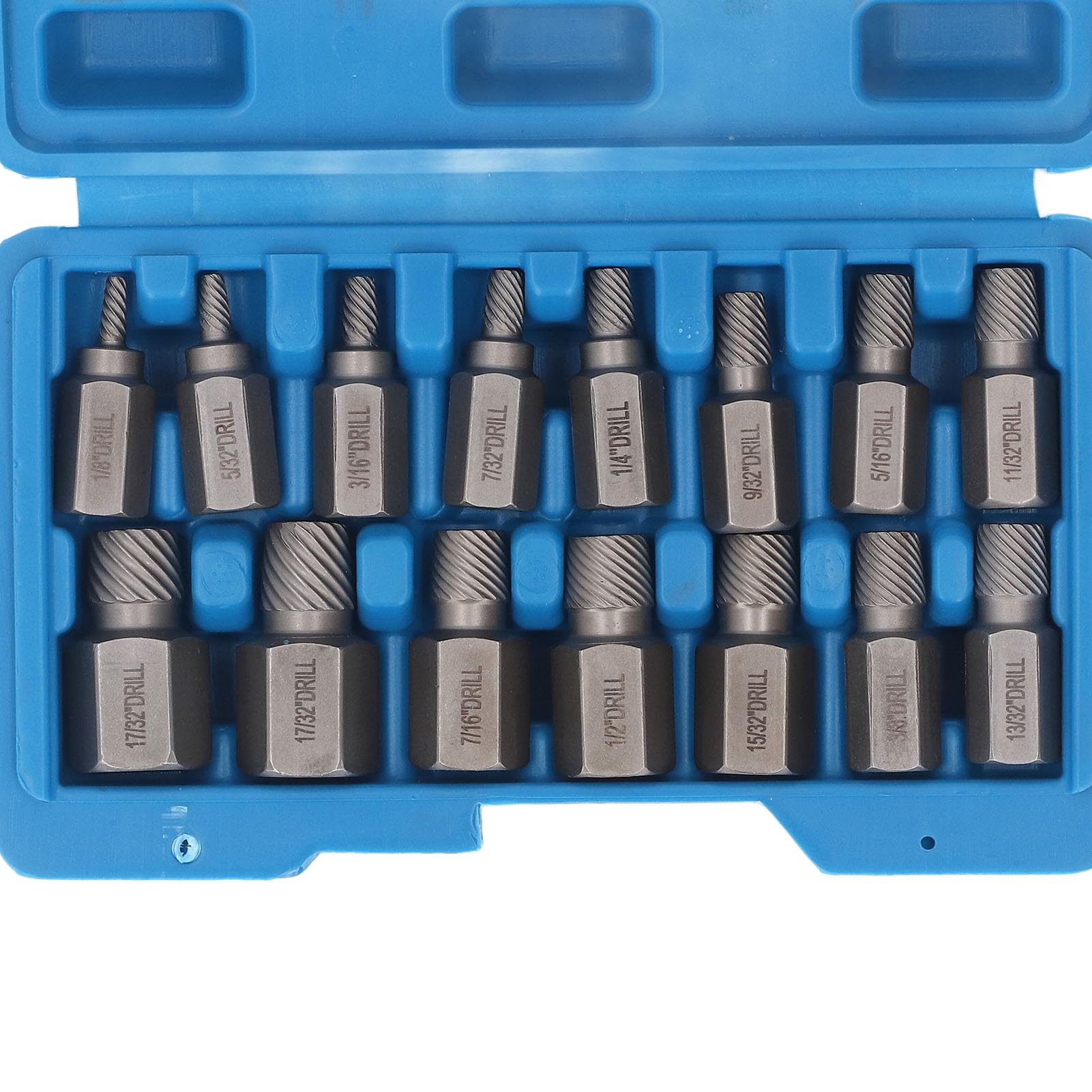 Juego de 15 extractores de Tornillos, Kit de Herramientas para extraer Tornillos dañados Rotos de CR-Mo con Cabeza Hexagonal, diseño de Tornillo para Mano Izquierda, con Estuche de plástico
