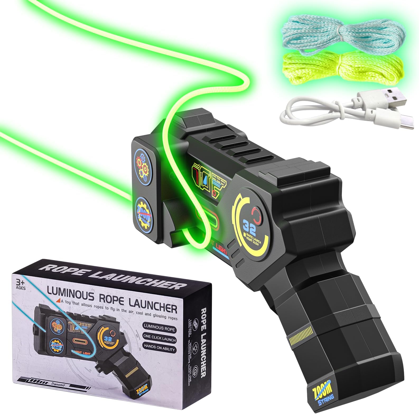Glow in the Dark Zip String Toy, Handheld Rope Launcher for Kids & Adults, Fidget Lasso Game for Stress Relief & Sensory Play, USB Rechargeable String Shooter for Party & Office Fun