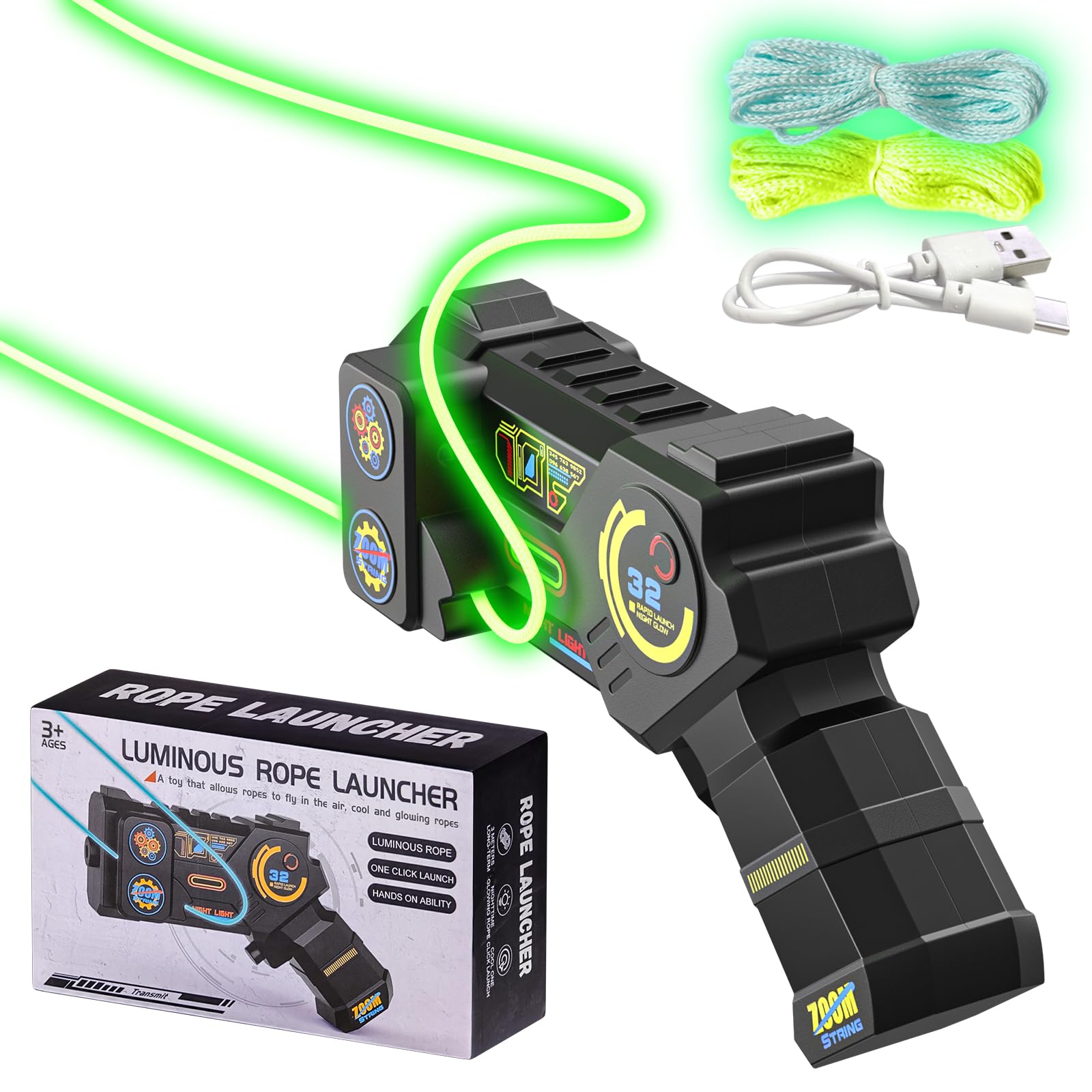 Glow in the Dark Zip String Toy, Handheld Rope Launcher for Kids & Adults, Fidget Lasso Game for Stress Relief & Sensory Play, USB Rechargeable String Shooter for Party & Office Fun