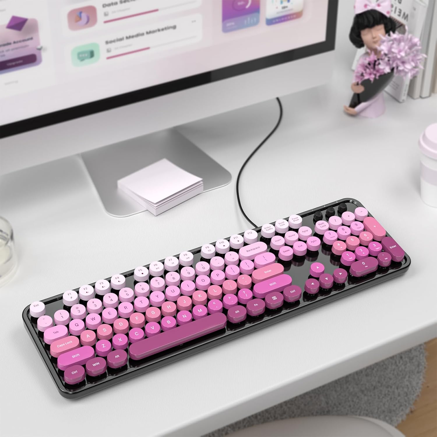 Dliter Wired Keyboard, 104 Keys Full Size Typewriter Keyboards, USB Plug and Play Office Keyboard with Number Pad, Caps Indicators, Foldable Stands for Windows, PC, Laptop (Black Pink)