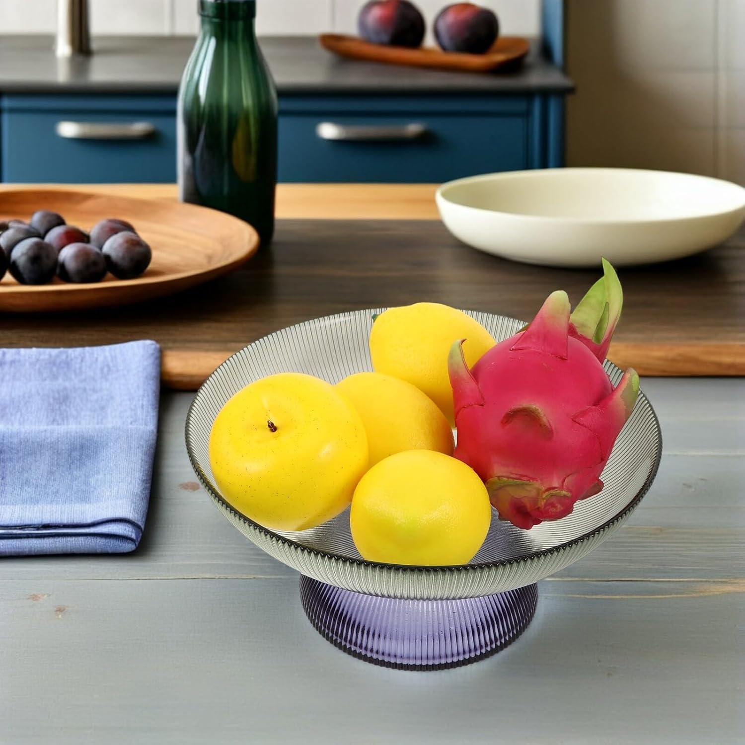 Glass Fruit Bowl with Brass Gold Trim, Modern round Glass Fruit Tray with Pedestal Stand, Artistic Candy Dish for Living Room and Dining Table Decor