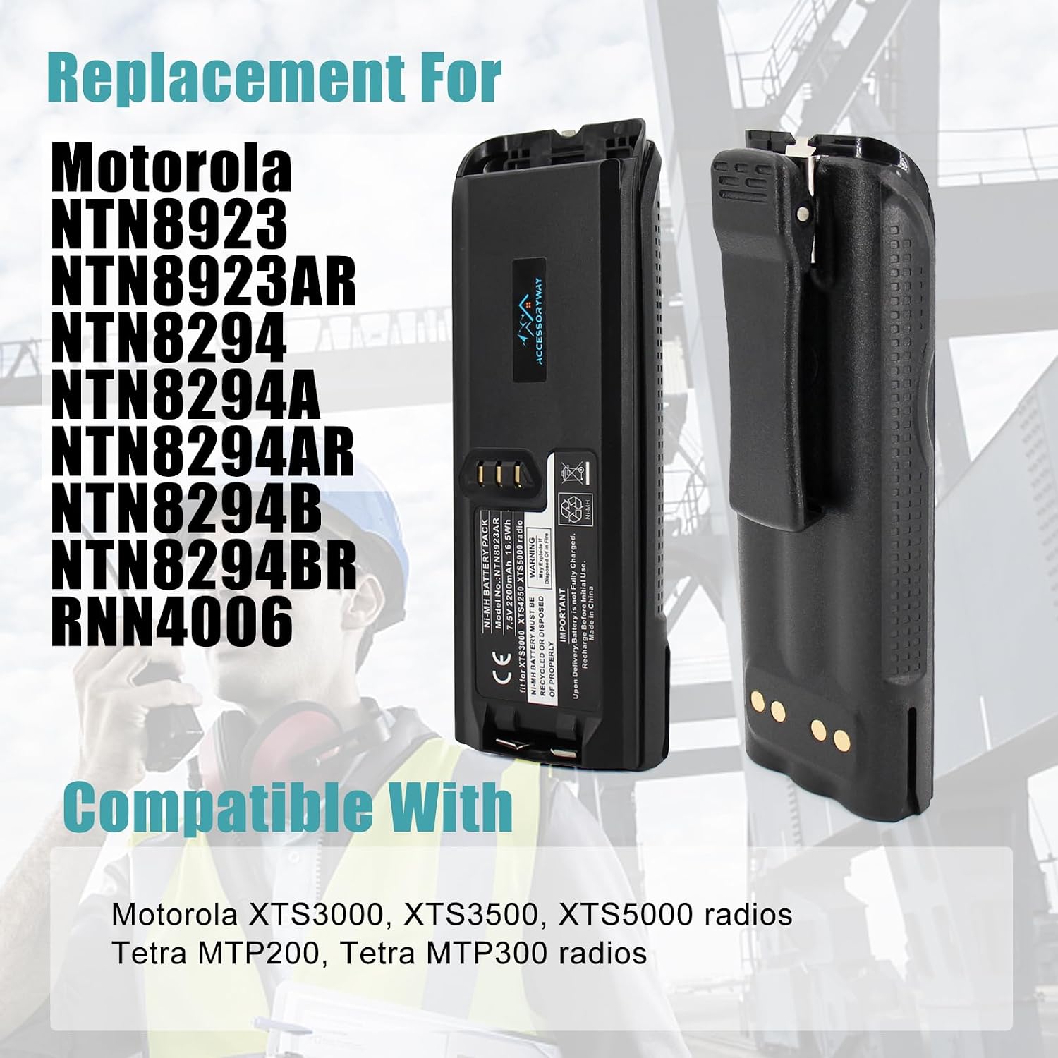 Replace NTN8923 7.5V 2200mAh Ni-NH Battery cormpatible for Motorola XTS5000 XTS3500 XTS3500 Tetra MTP200 MTP300 radios Replacement Battery NTN8924 NTN8923AR with clip - Without IMPRES funtion