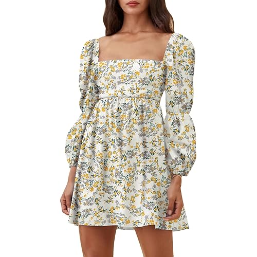 EXLURA Womens Square Neck Dress Long Puff Sleeve A-Line Casual Short Mini Dress