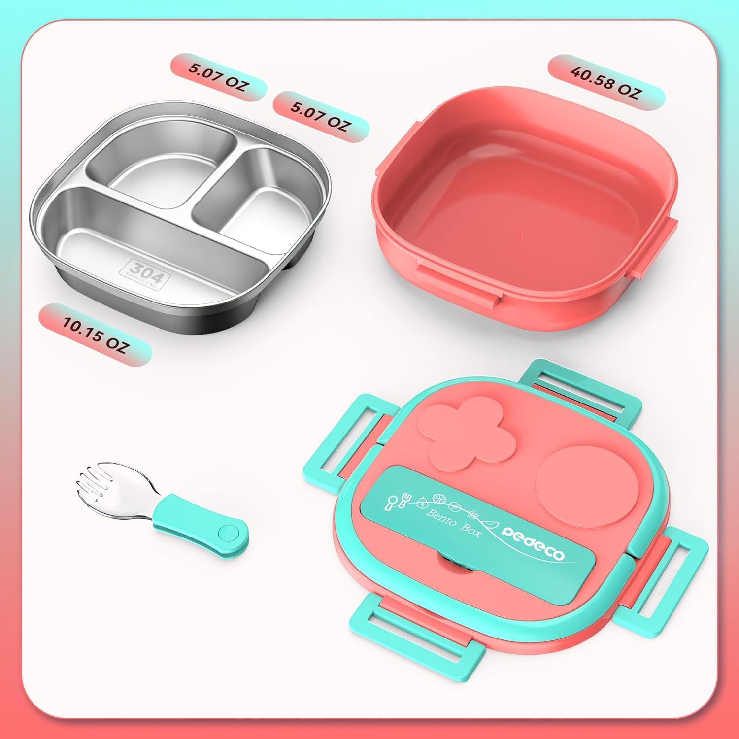 PEDECO Bento Box for Kids Stainless Steel - 3-Compartment - Complete Lunch Set with Portable Utensil - Ideal for Children Under 10 Years Old - Dishwasher Safe & BPA-Free(Pink)