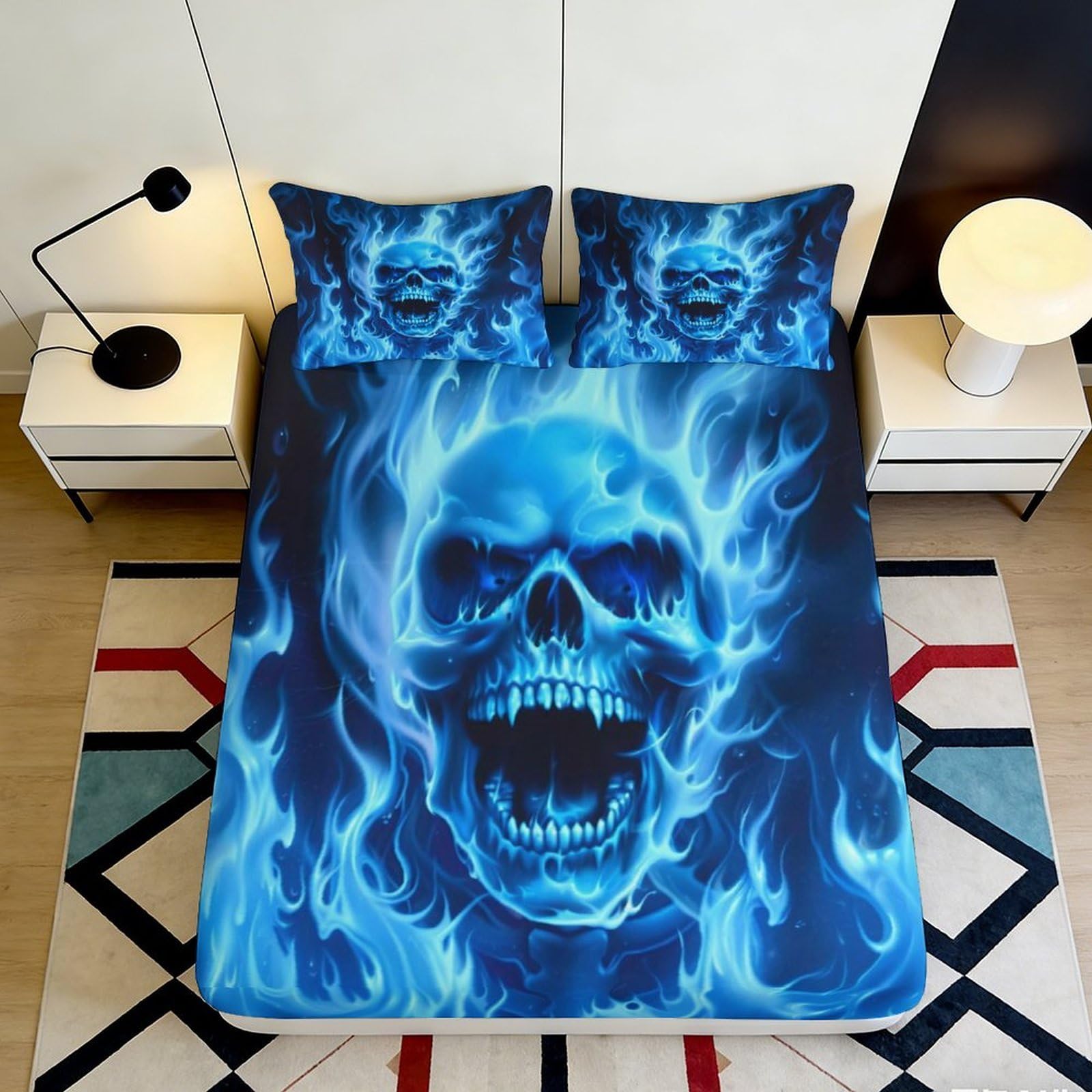 3D Printed Blue Flame Skull Fitted Sheet Microfiber Deep Pocket Non-Slip Skull Mattress Fitted Cover for Bedroom Bedding 160x200x25cm